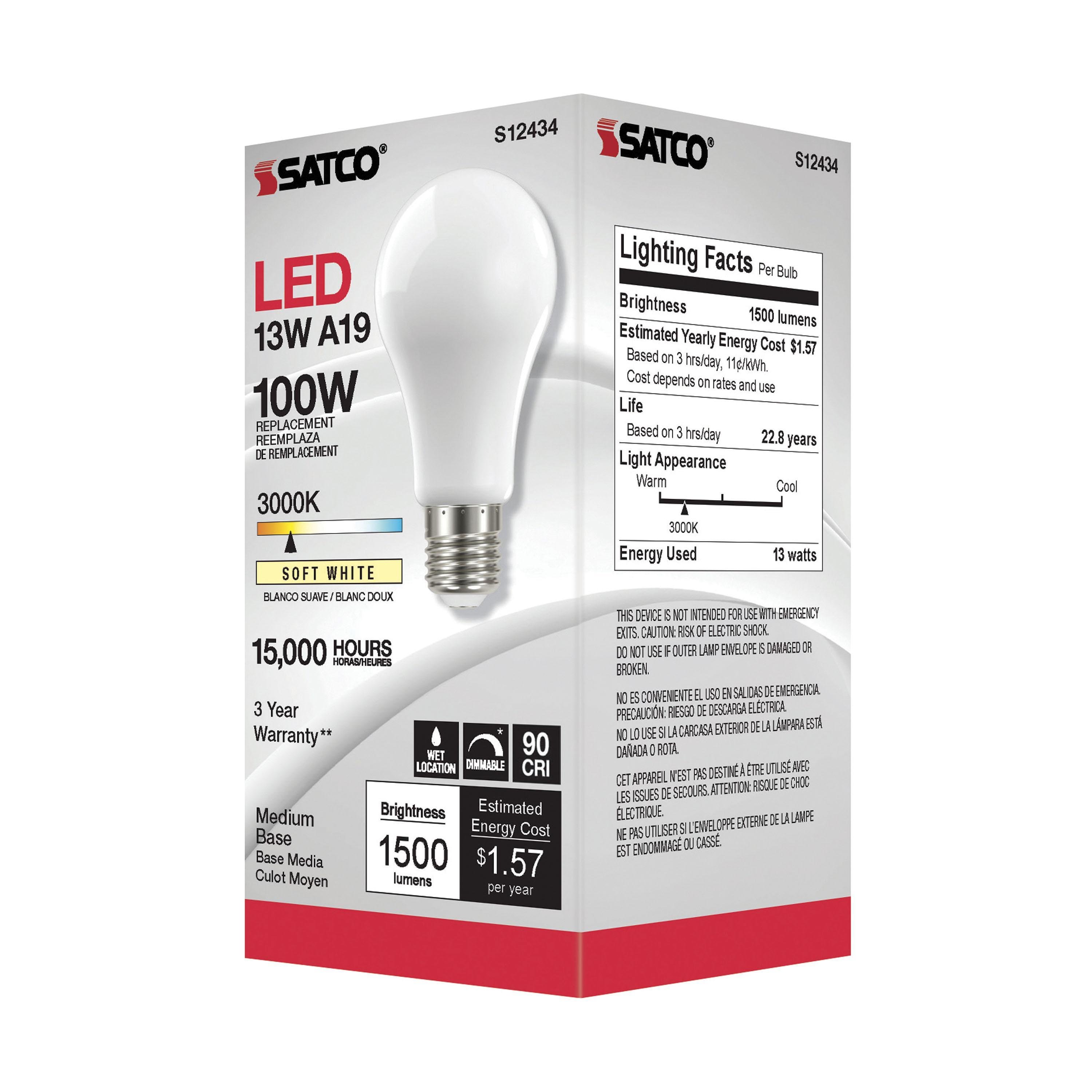 Picture of S12434 - 13.5 Watt LED A19 - Soft White - Medium Base - 3000K - 90 CRI - 120 Volt