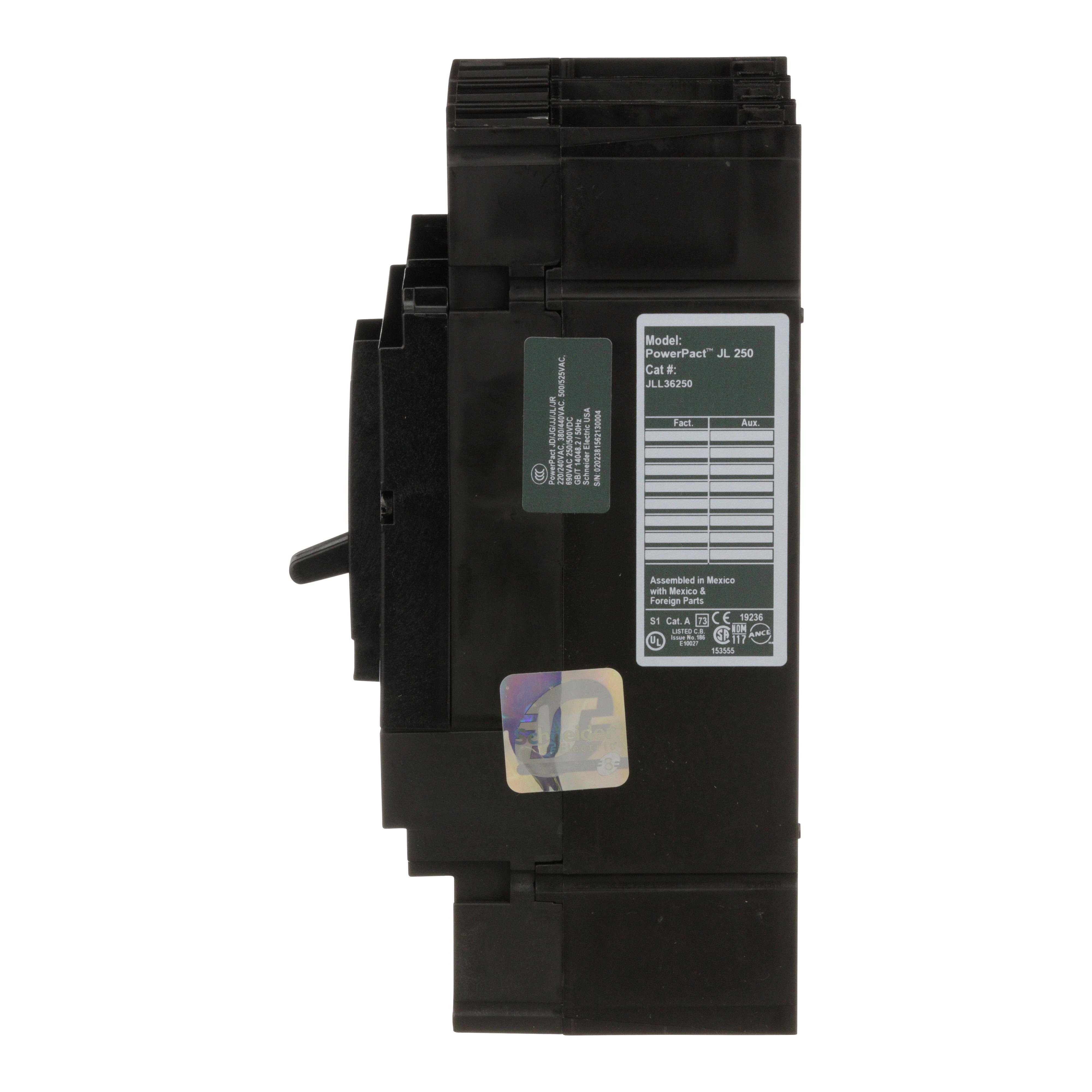 Picture of JLL36250 - Circuit breaker, PowerPacT J, 250A, 3 pole, 600VAC, 50kA, lugs, thermal magnetic, 80%