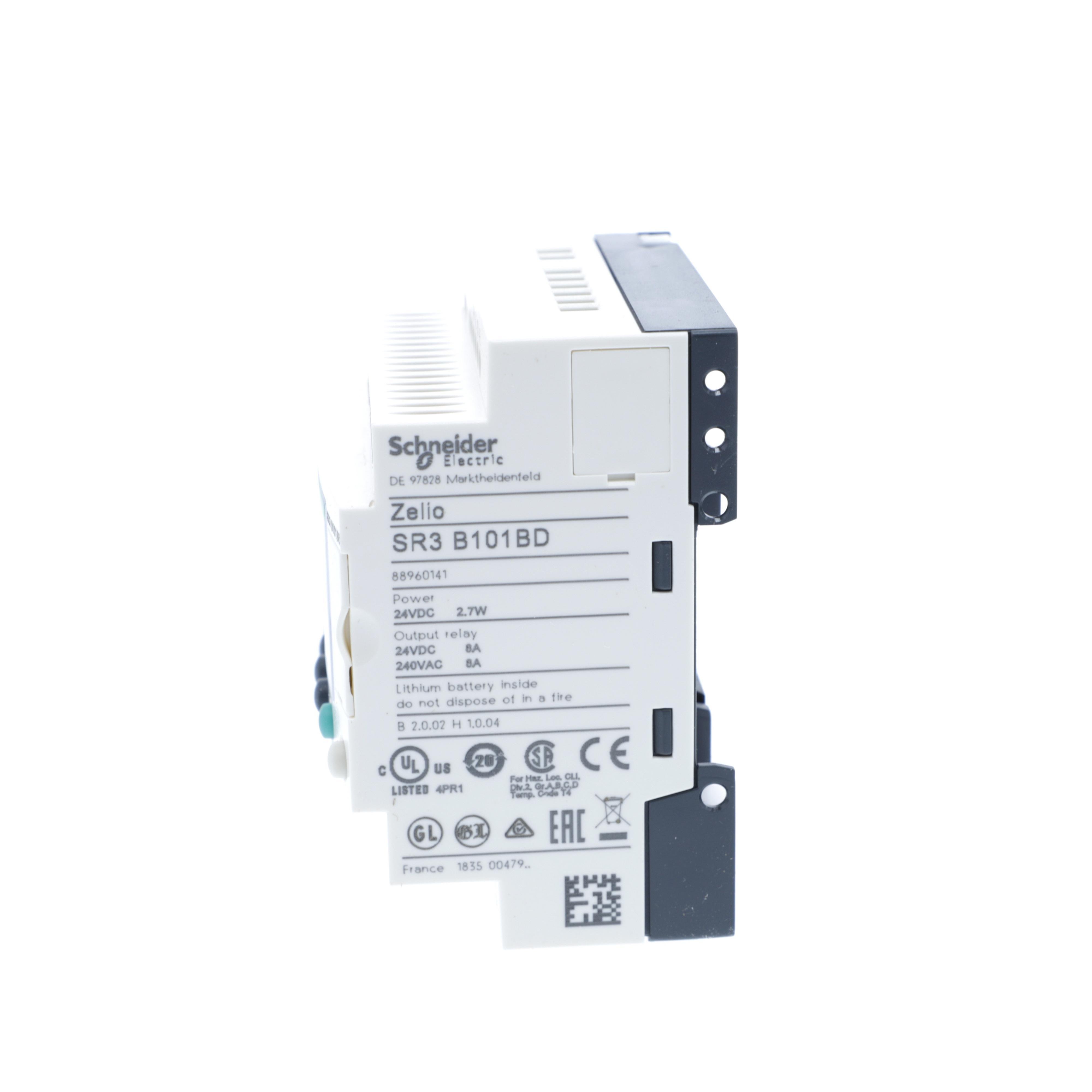 Picture of SR3B101BD - modular smart relay, Zelio Logic SR2 SR3, 10 IO, 24V DC, clock, display, 4 relay outputs