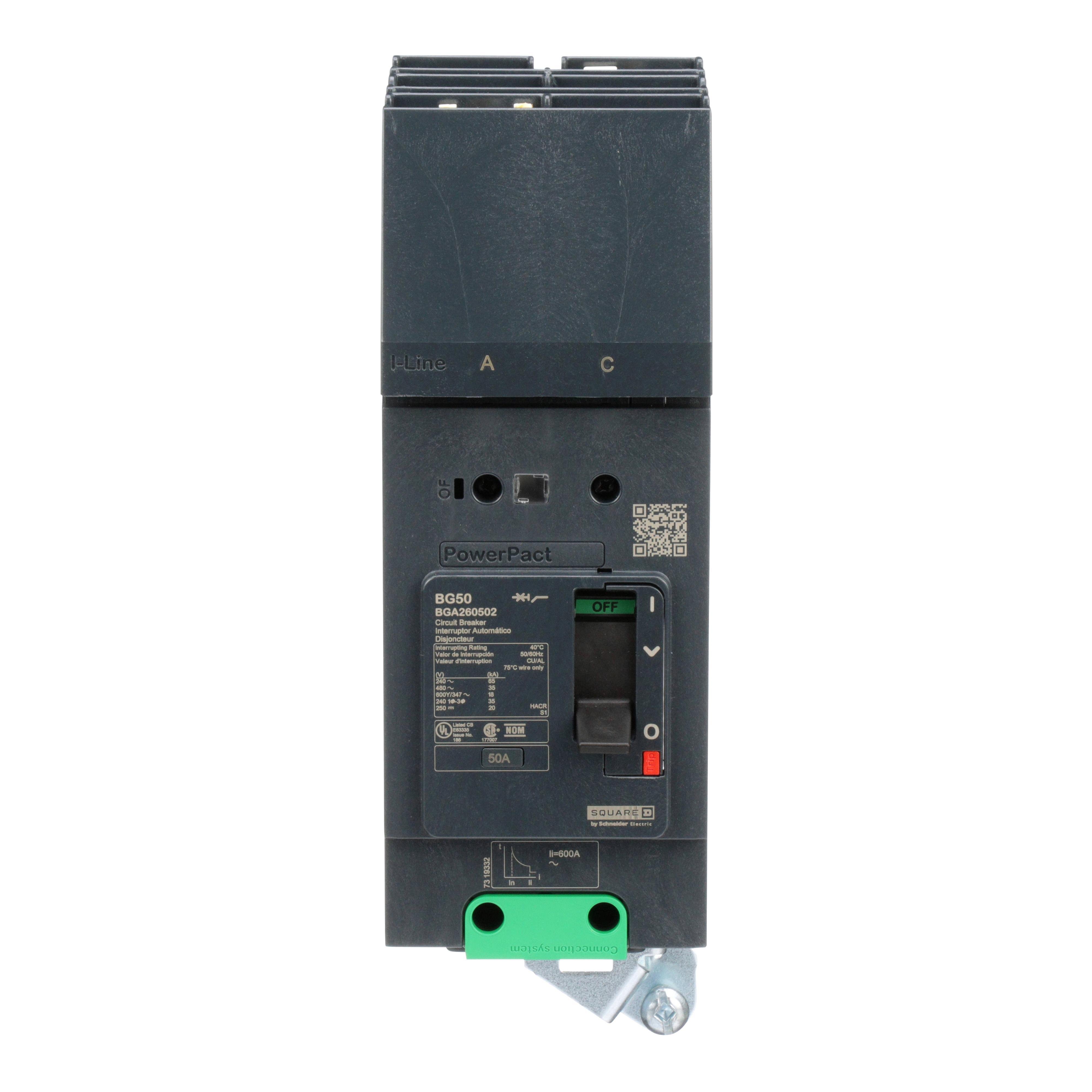 Picture of BGA260502 - Circuit breaker, PowerPacT B, 50A, 2 pole, 600Y/347VAC, 18kA, I-Line, thermal magnetic, 80%, AC
