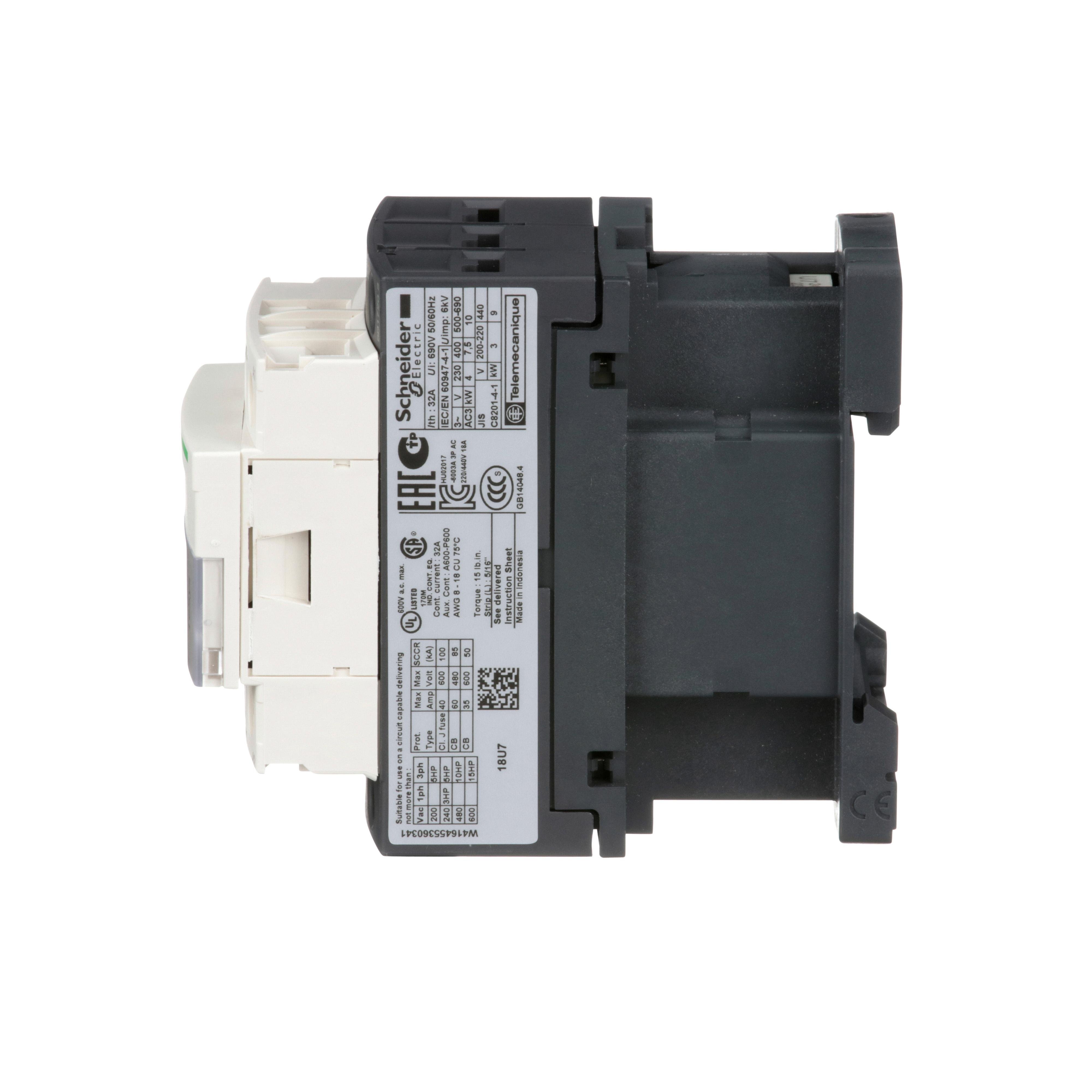 Picture of LC1D18U7 - IEC contactor, TeSys Deca, nonreversing, 18A, 10HP at 480VAC, up to 100kA SCCR, 3 phase, 3 NO, 240VAC 50/60Hz coil, open