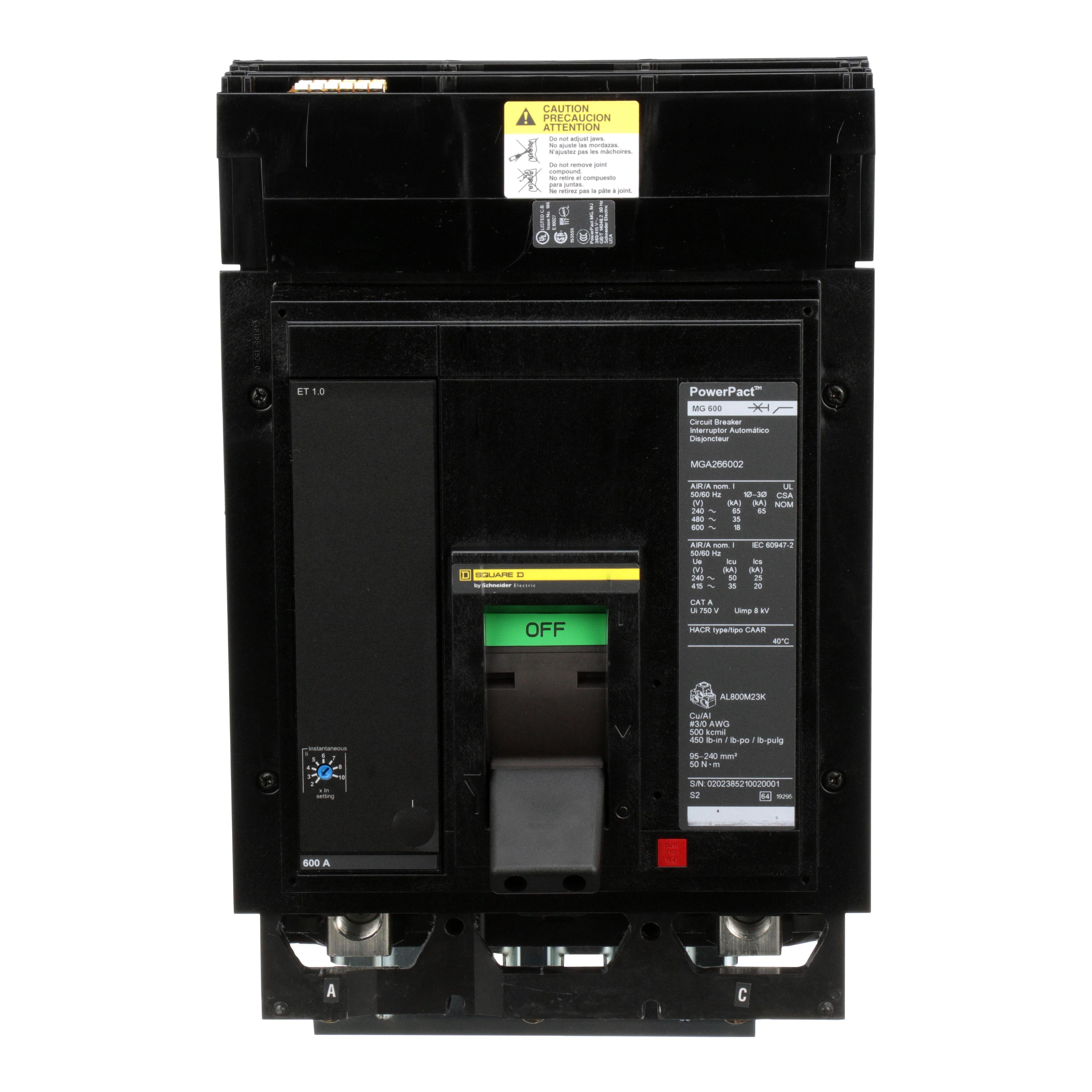 MGA266002 - Circuit breaker, PowerPacT M, 600A, 2 pole, 600VAC, 18kA, I-Line, ET 1.0, 80%, AC