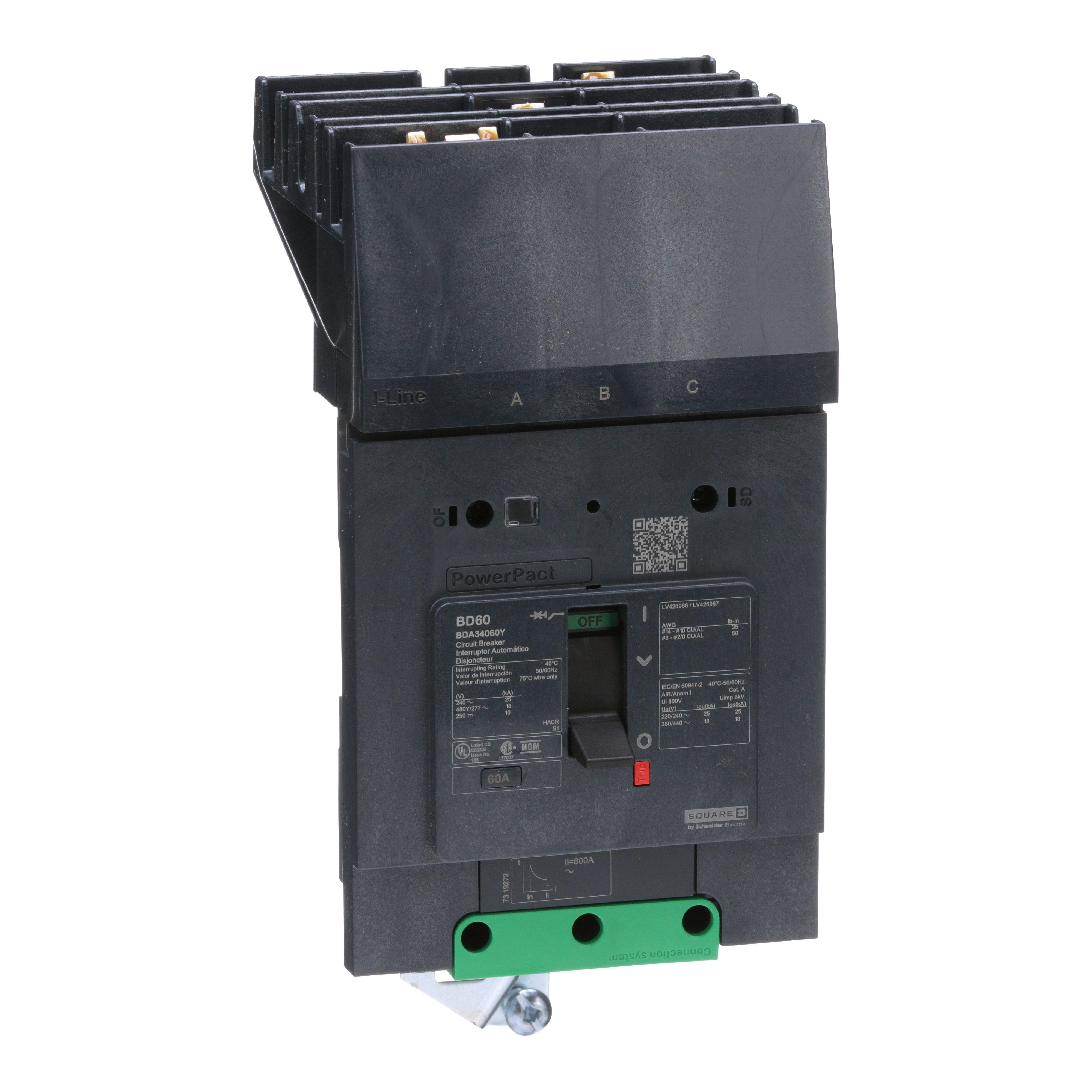 BDA34060Y - Circuit breaker, PowerPacT B, 60A, 3 pole, 480Y/277VAC, 18kA, I-Line, thermal magnetic, 80%, ABC