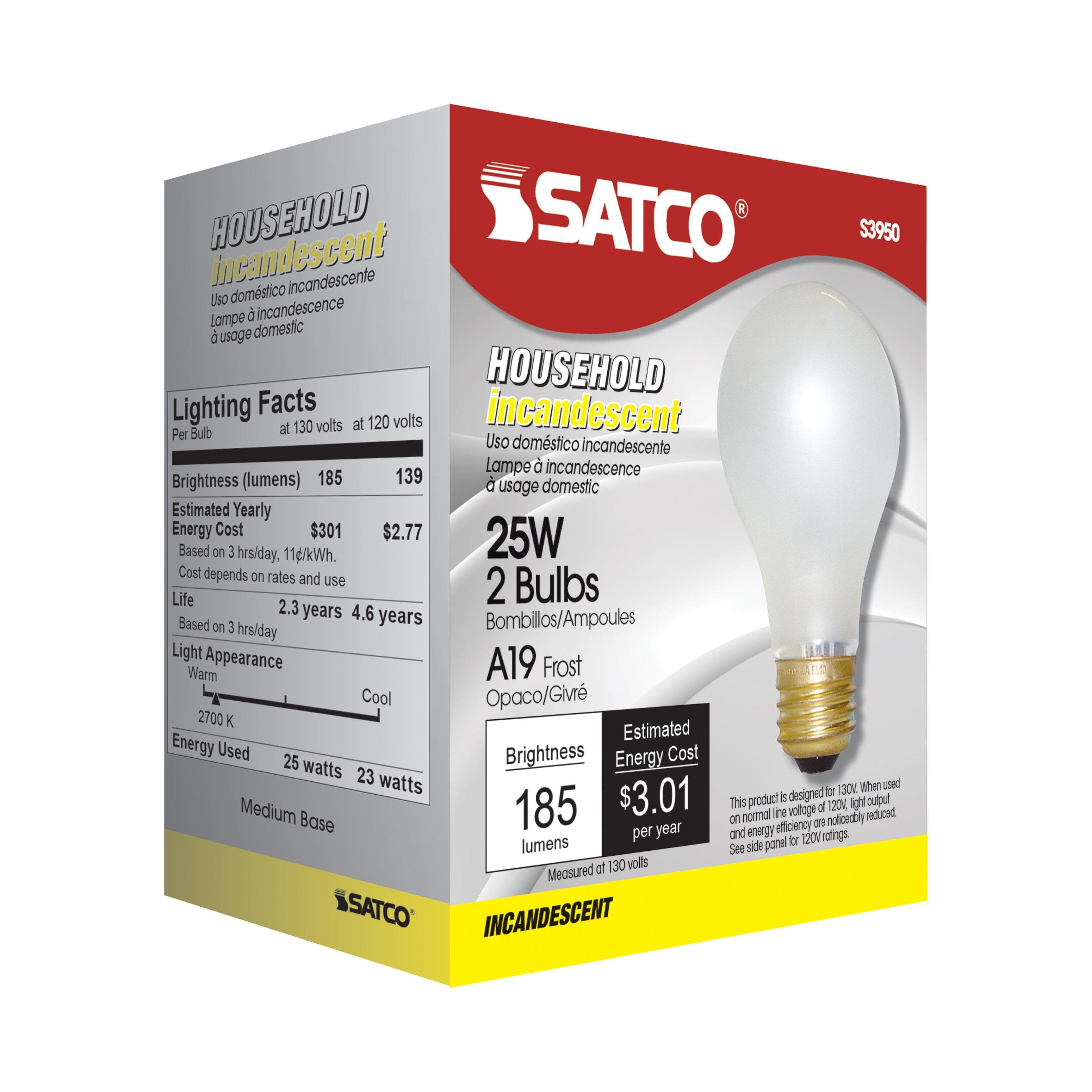 Picture of S3950 - 25 Watt A19 Incandescent - Frost - 2500 Average rated hours - 180 Lumens - Medium base - 130 Volt - 2/Pack