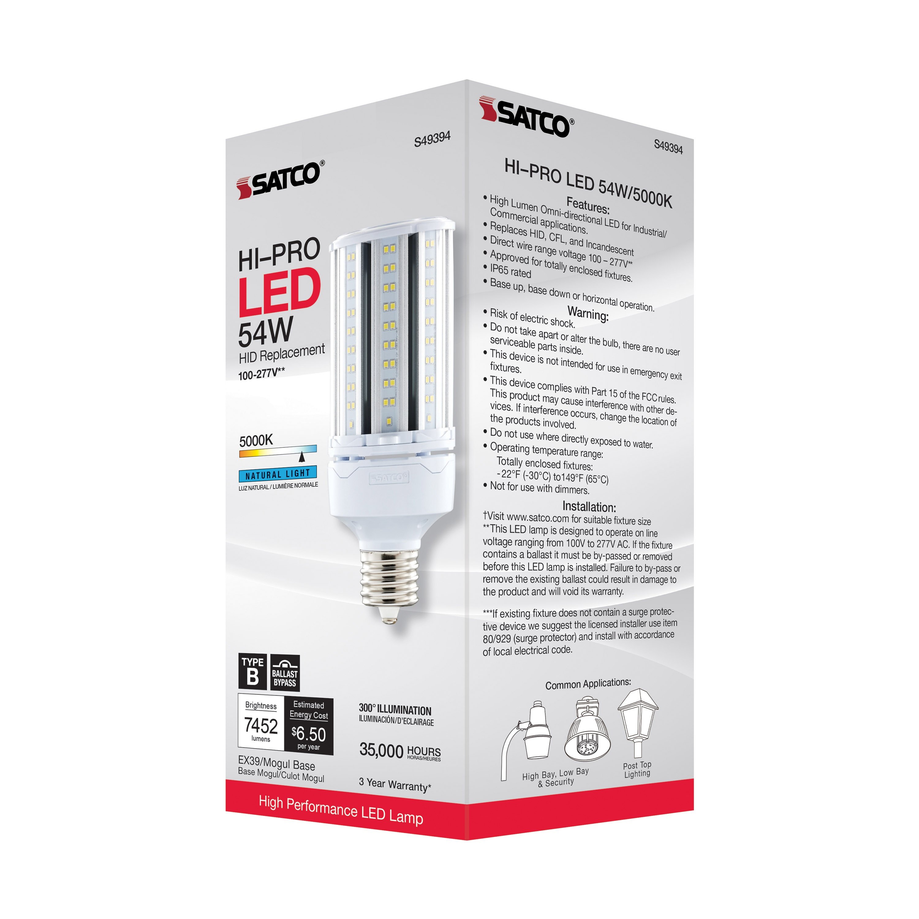 Picture of S49394 - 54 Watt LED HID Replacement - 5000K - Extended Mogul base - Type B Ballast Bypass - Economy Hi-Pro