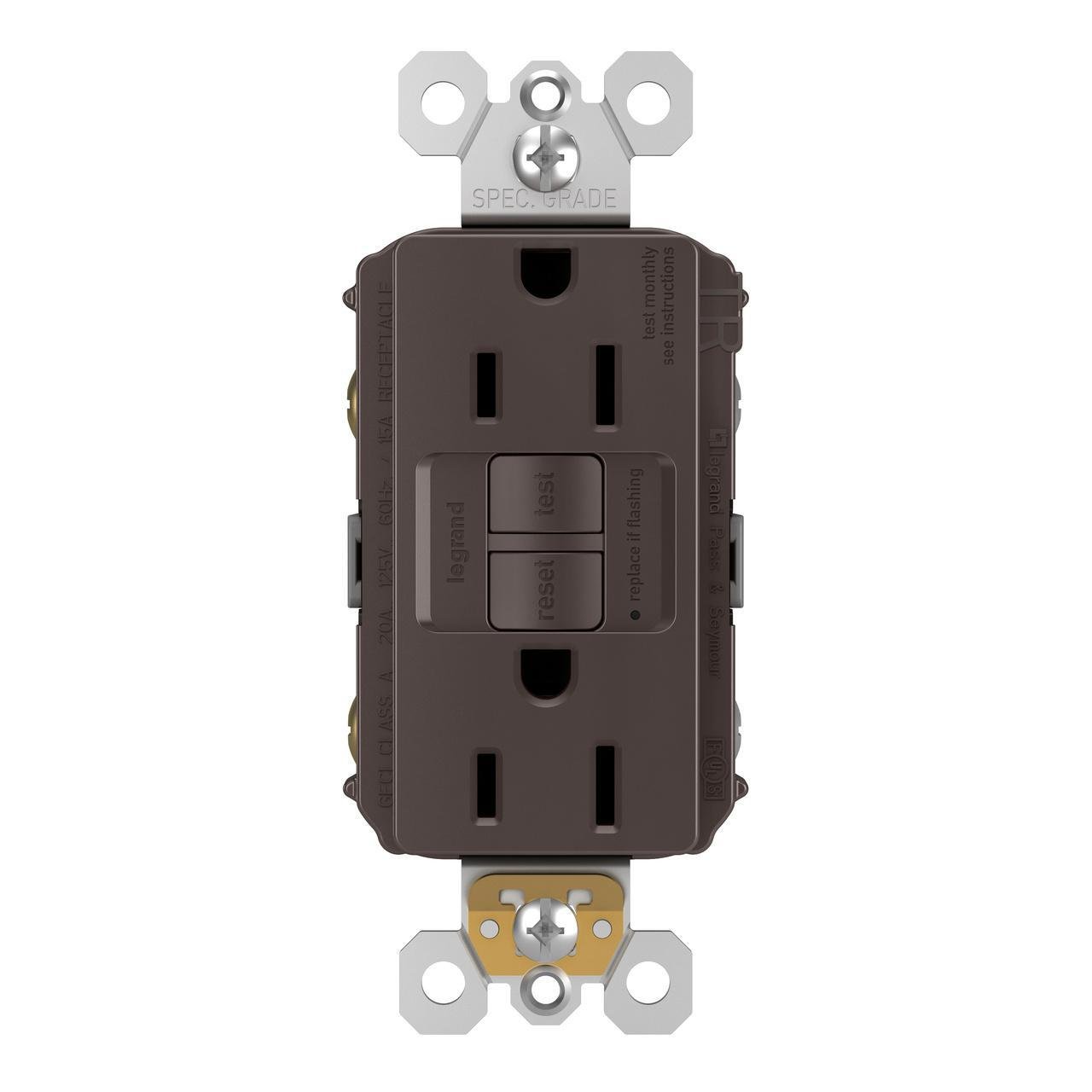 1597-TR - radiant® Tamper-Resistant 15A Duplex Self-Test GFCI Receptacles with SafeLock® Protection, Brown