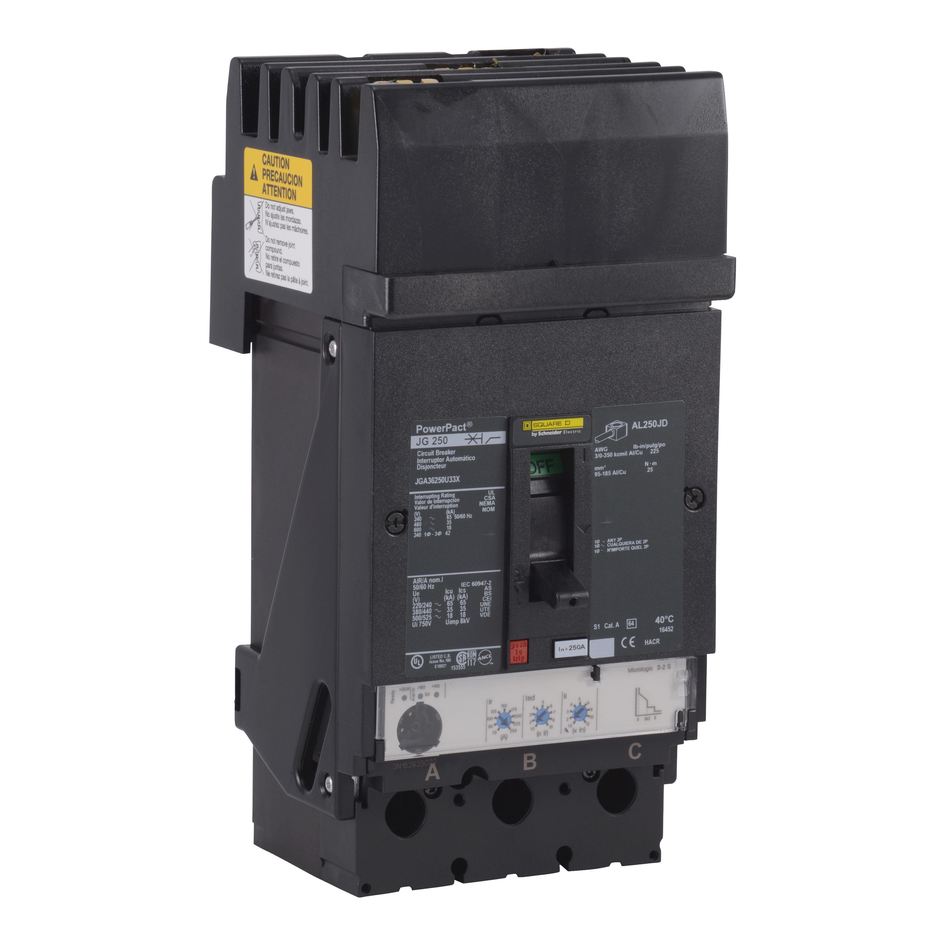 JGA36250U33X - Circuit breaker, PowerPacT J, 250A, 3 pole, 600VAC, 18kA, I-Line, Micrologic 3.2S, 80%, ABC