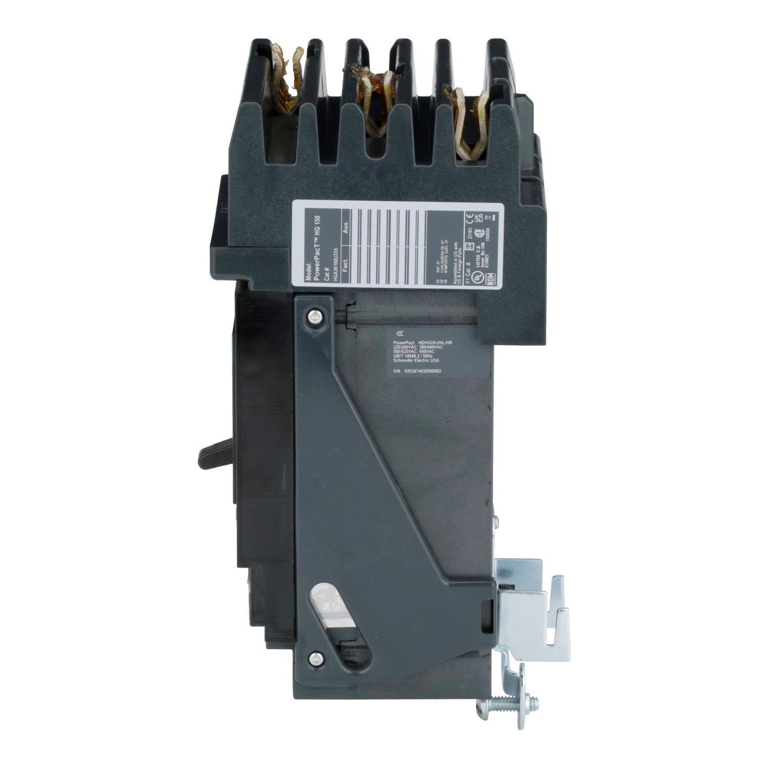 Picture of HGA36100U33X - Circuit breaker, PowerPacT H, 100A, 3 pole, 600VAC, 18kA, I-Line, Micrologic 3.2S, 80%, ABC