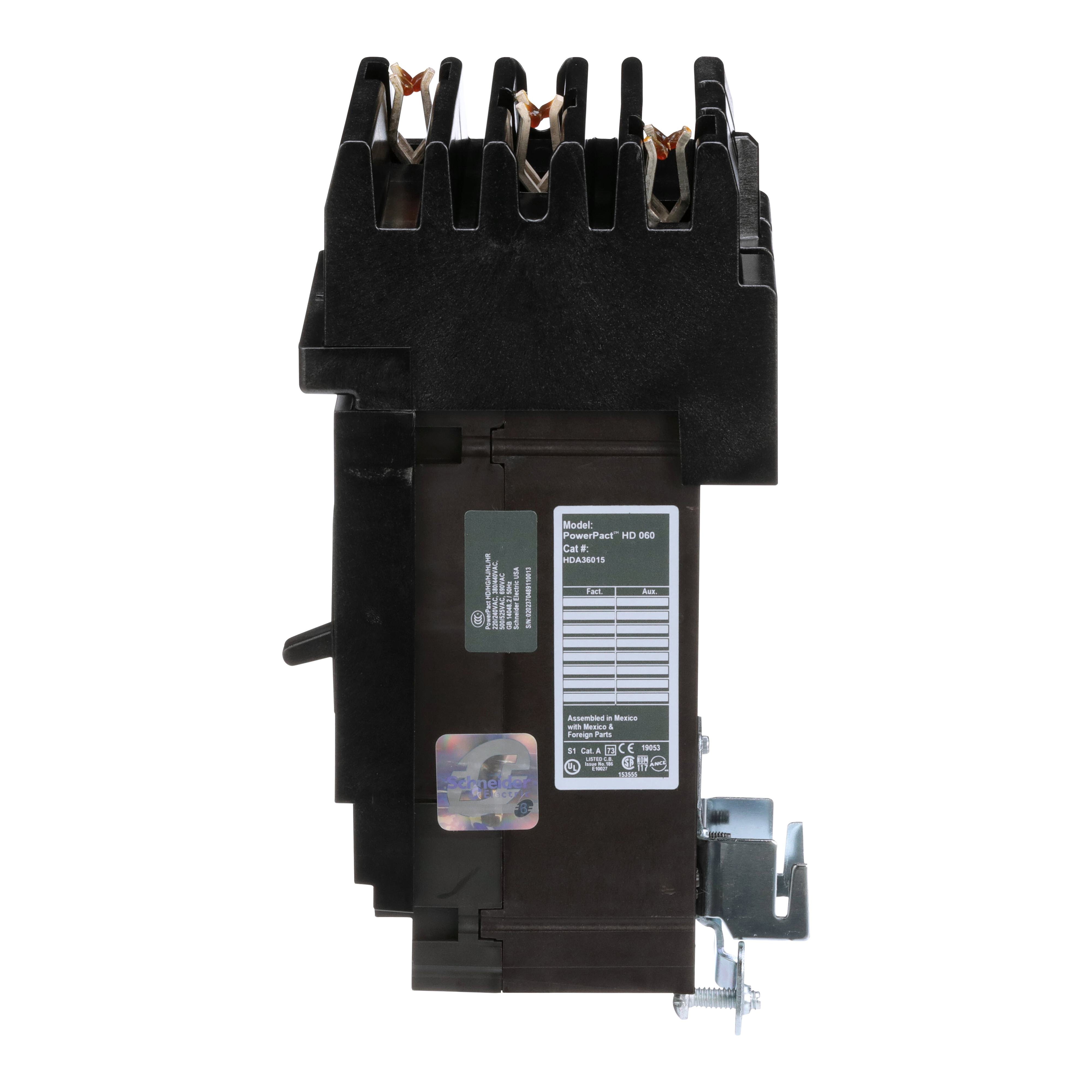 Picture of HDA36015 - Circuit breaker, PowerPacT H, 15A, 3 pole, 600VAC, 14kA, I-Line, thermal magnetic, 80%, ABC