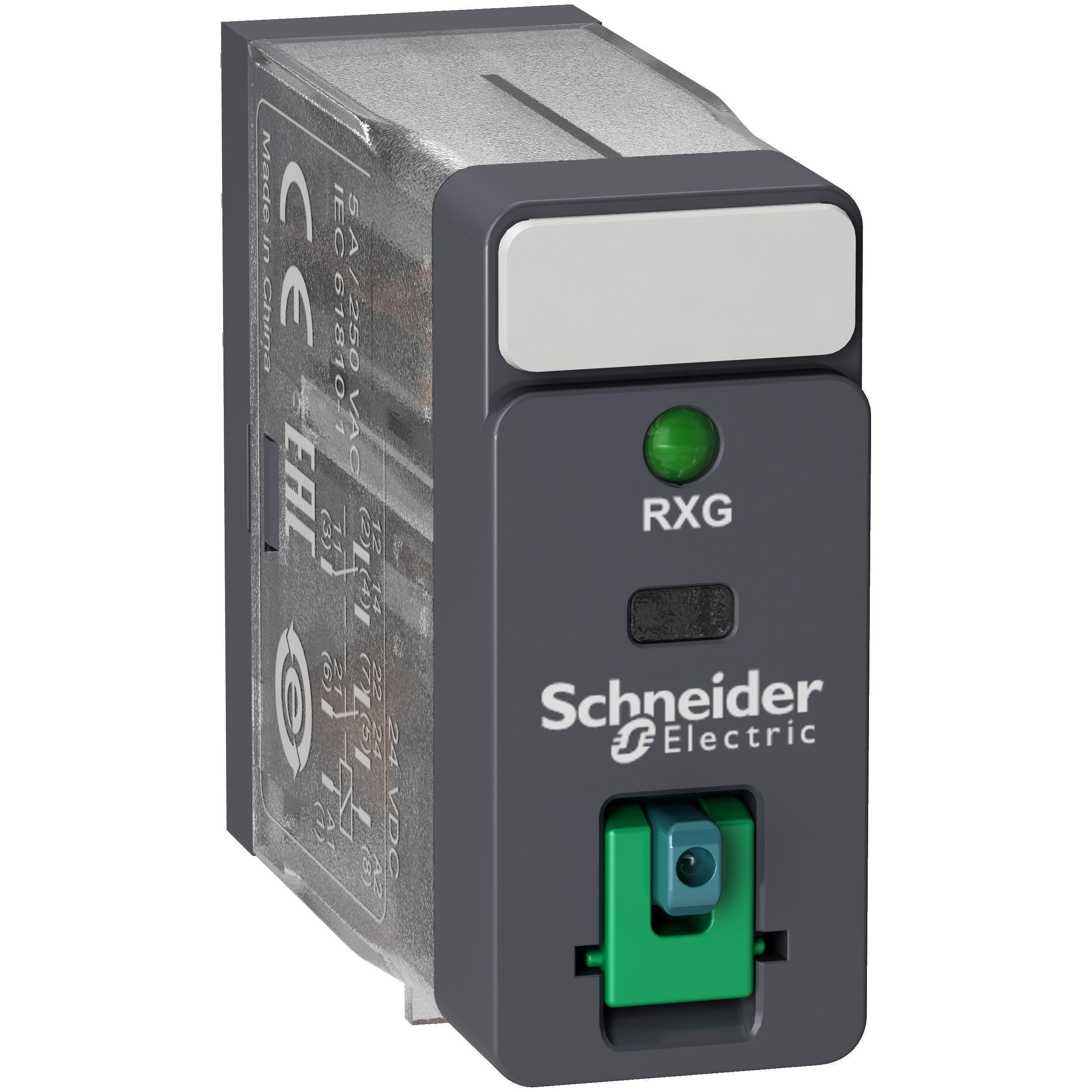 Picture of RXG22BD - interface plug in relay, Harmony Electromechanical Relays, 5A, 2CO, with LED, lockable test but to n, 24V DC