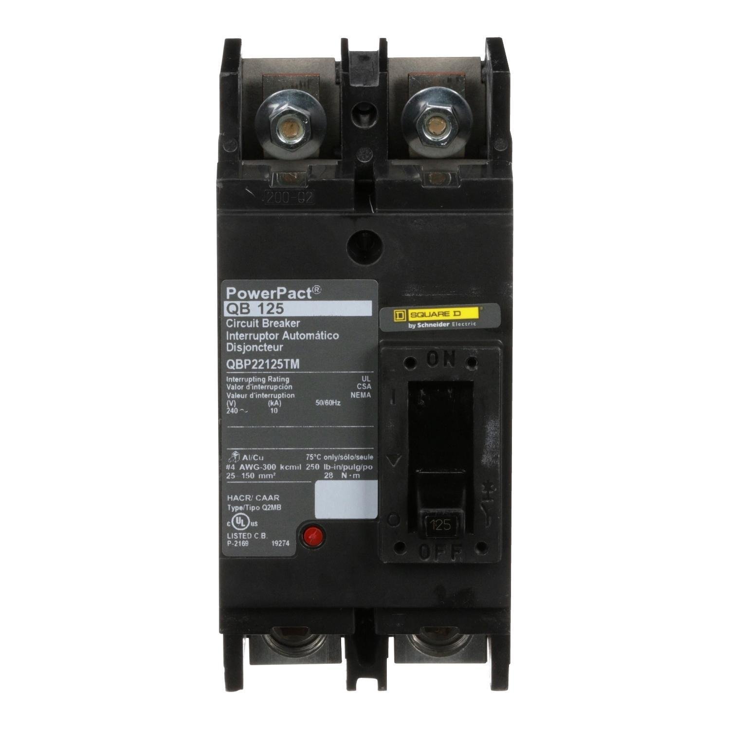 QBP22125TM - Circuit breaker, PowerPacT Q, 125A, 2 pole, 240VAC, 10kA, lugs, thermal magnetic, 80%, bottom of panel