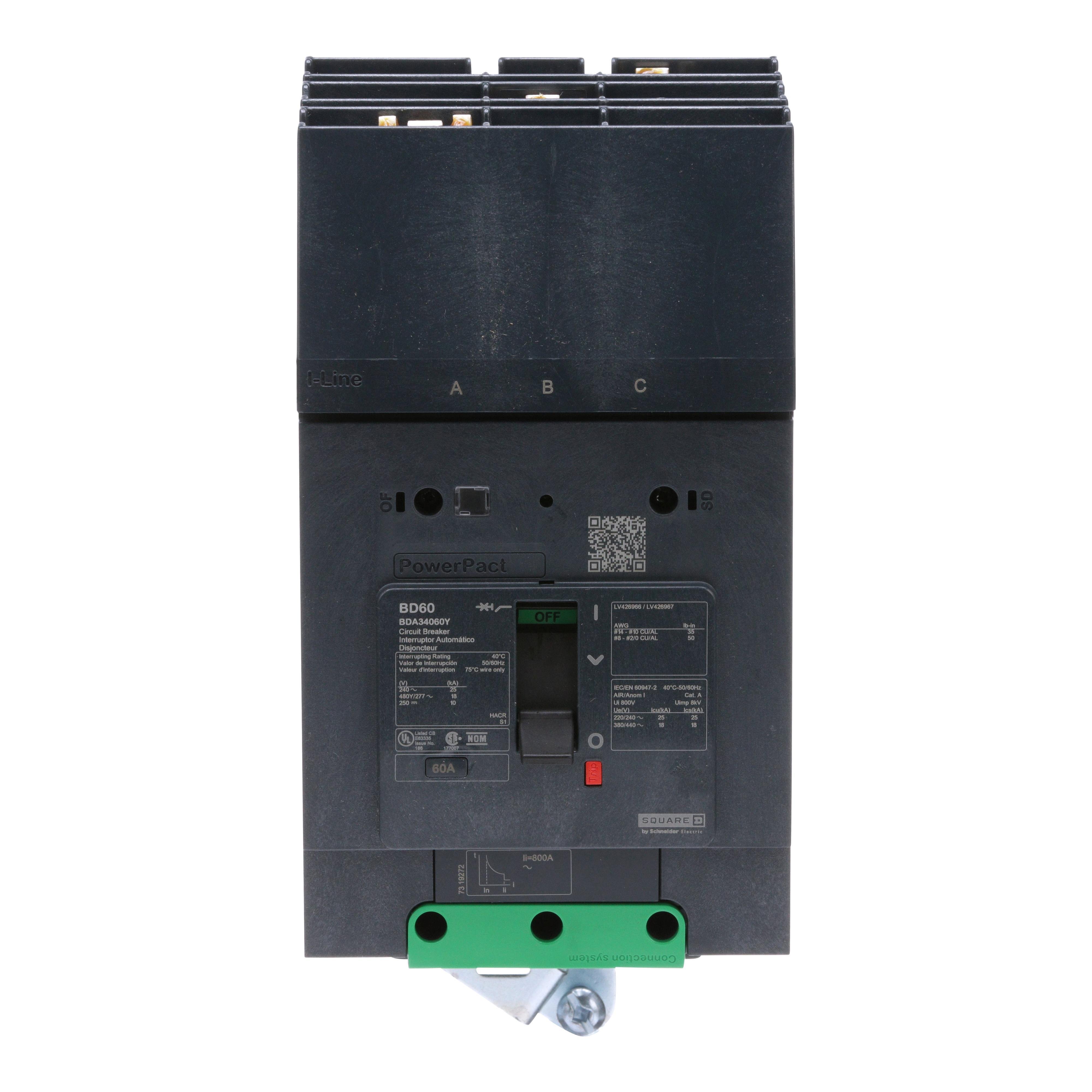 Picture of BDA34060Y - Circuit breaker, PowerPacT B, 60A, 3 pole, 480Y/277VAC, 18kA, I-Line, thermal magnetic, 80%, ABC