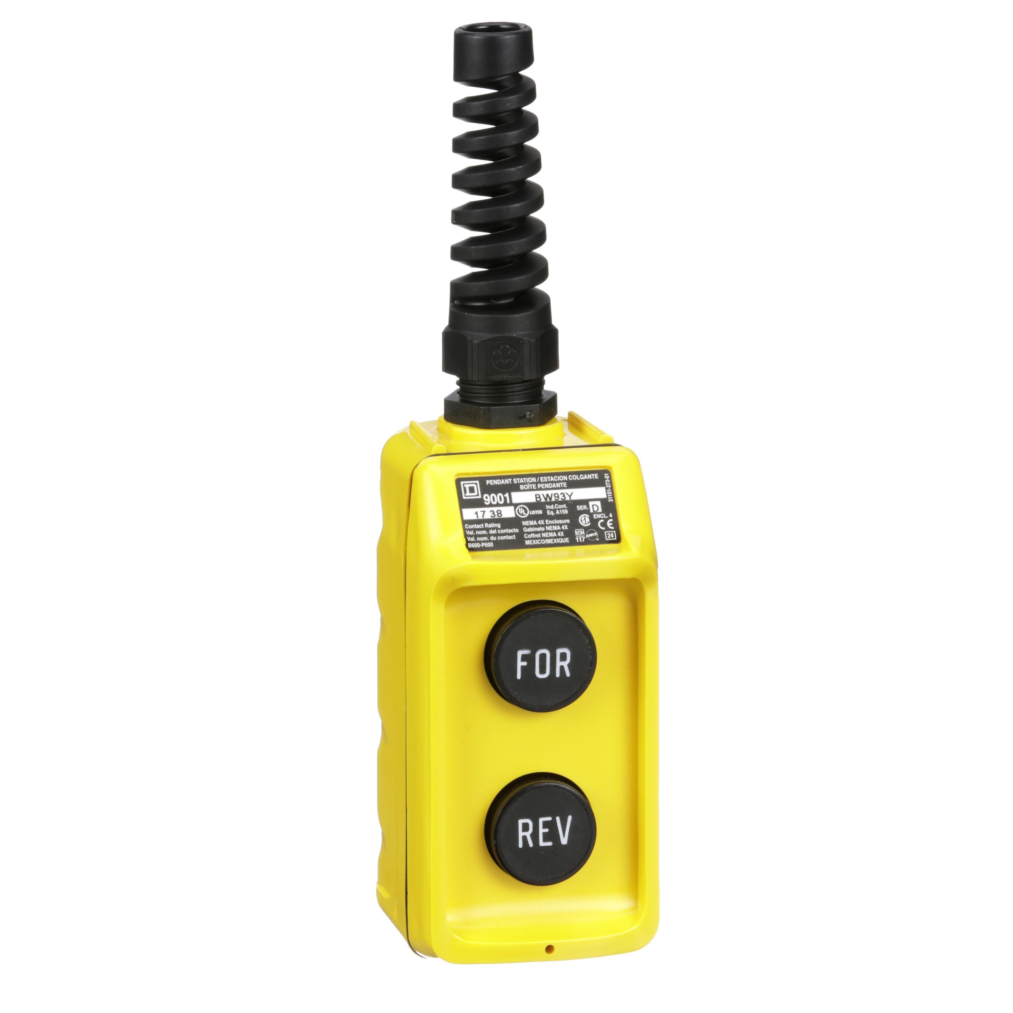 Picture of 9001BW93Y - Pendant Station, 2 mechanically interlocked push buttons, NO contacts, FORWARD REVERSE, yellow enclosure, 600 VAC 5 A
