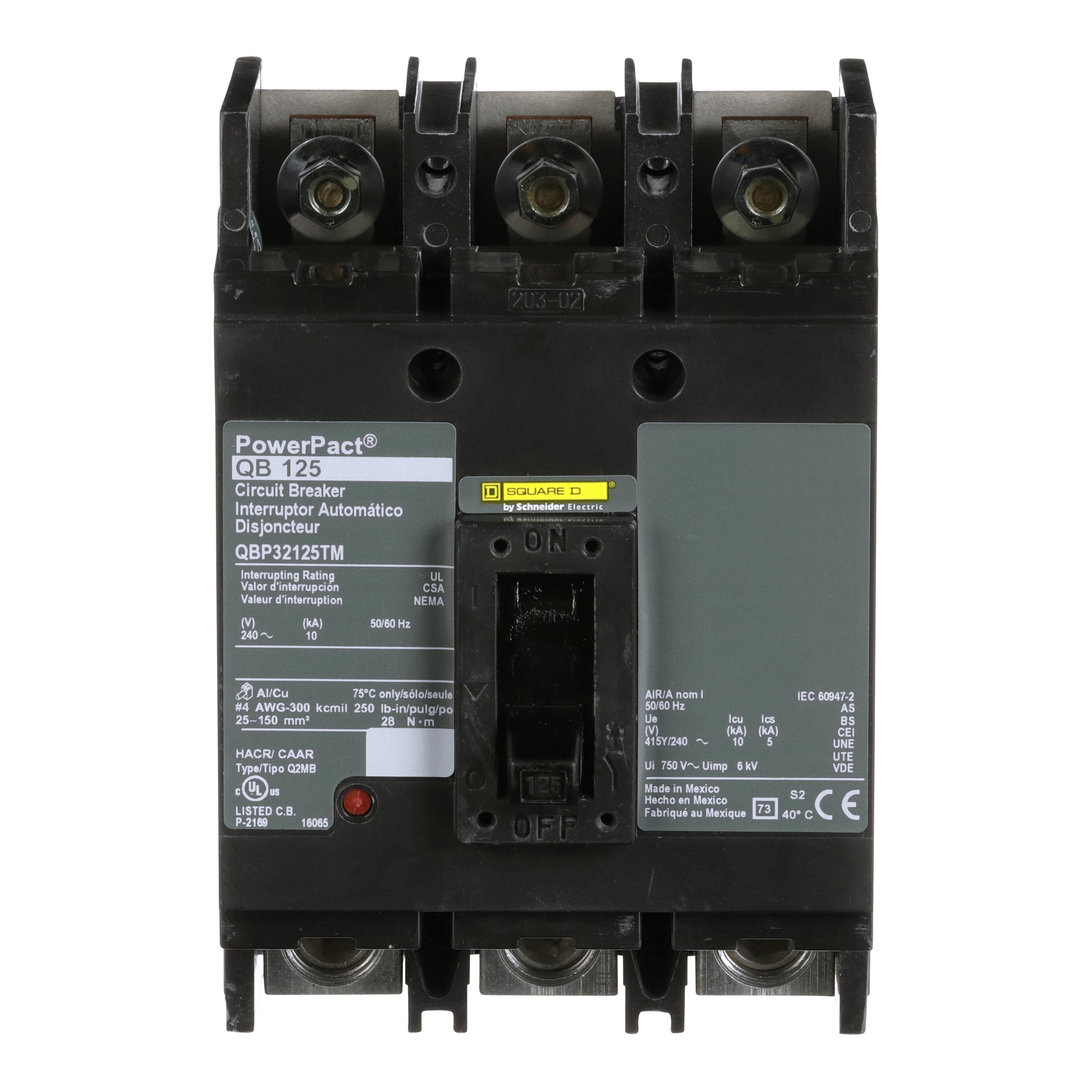 Picture of QBP32125TM - Circuit breaker, PowerPacT Q, 125A, 3 pole, 240VAC, 10kA, lugs, thermal magnetic, 80%, bottom of panel