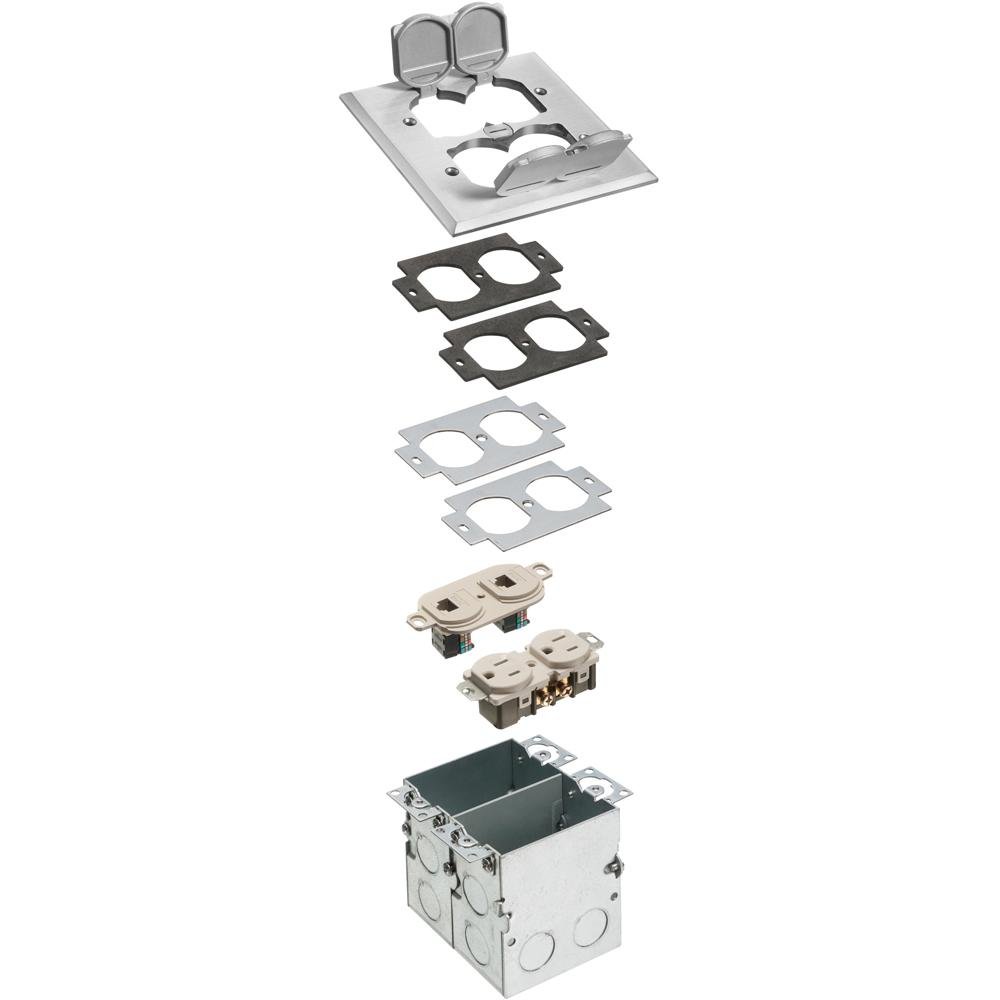 FLB5552NL - A combination floor box kit with installed low voltage devider. Includes four flip lids and gasket, One duplex receptacle and one low voltage duplex plate. Nickel.