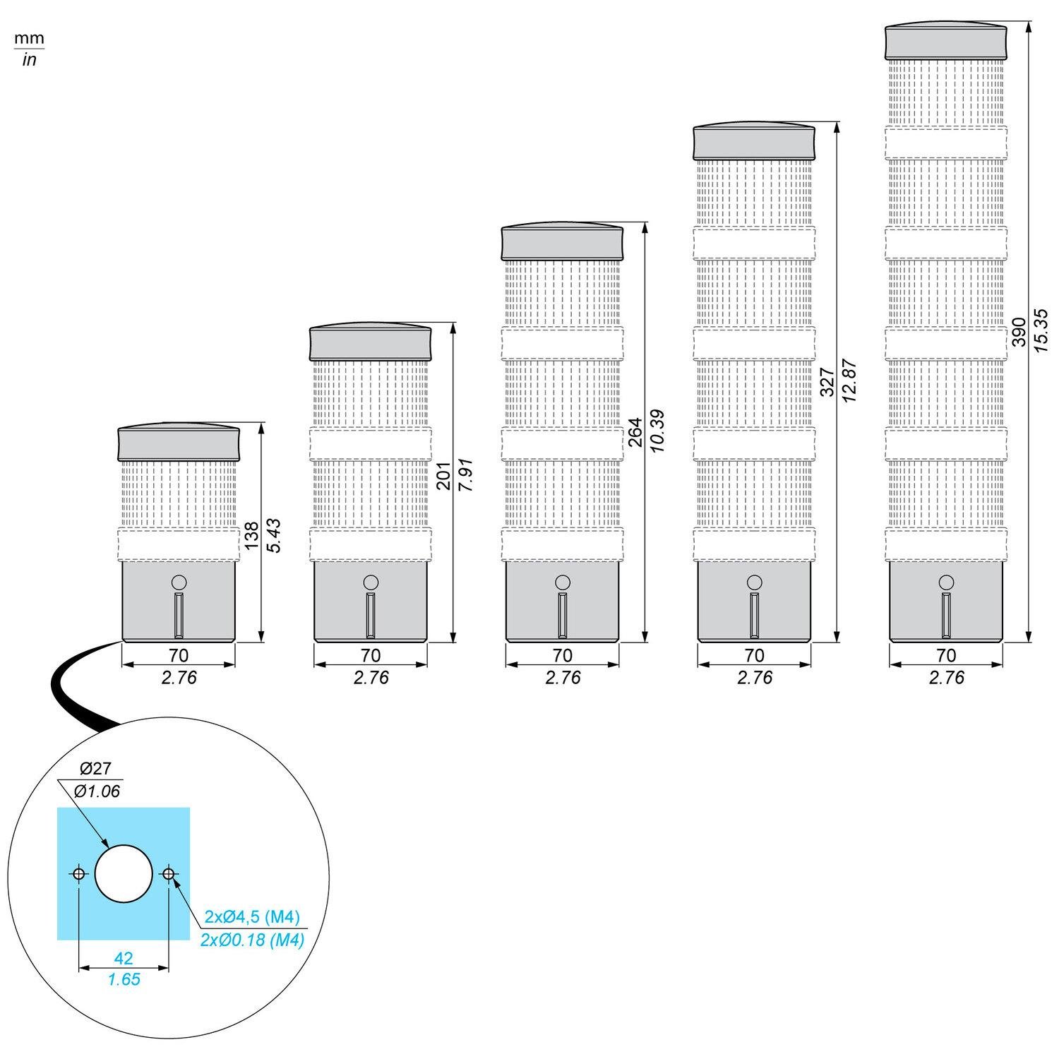Picture of XVBC21 - Indicating Bank, 70mm, base unit and cap, direct or tube mounting, bottom or side cable entry