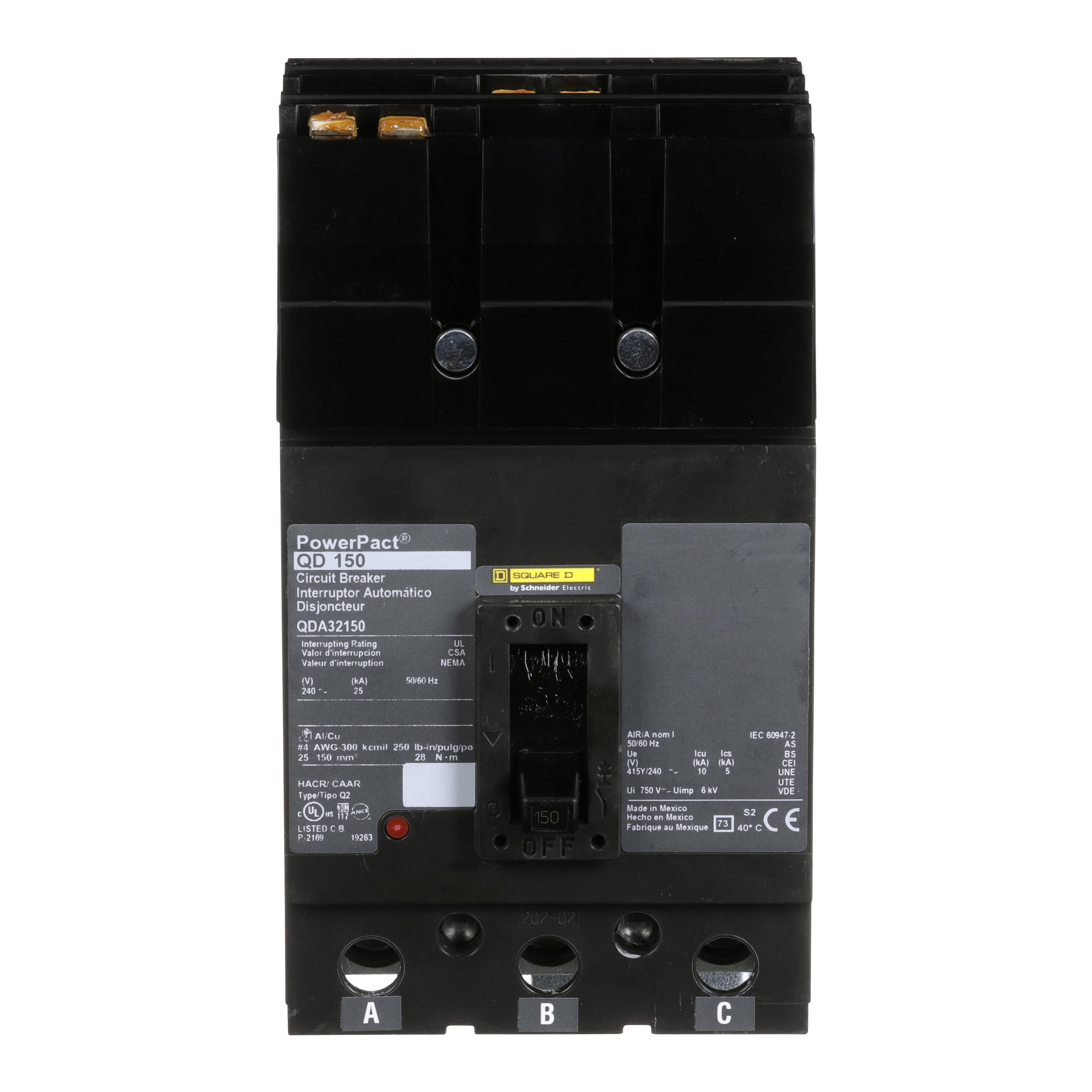 Picture of QDA32150 - Circuit breaker, PowerPacT Q, 150A, 3 pole, 240VAC, 25kA, I-Line, thermal magnetic, 80%, ABC