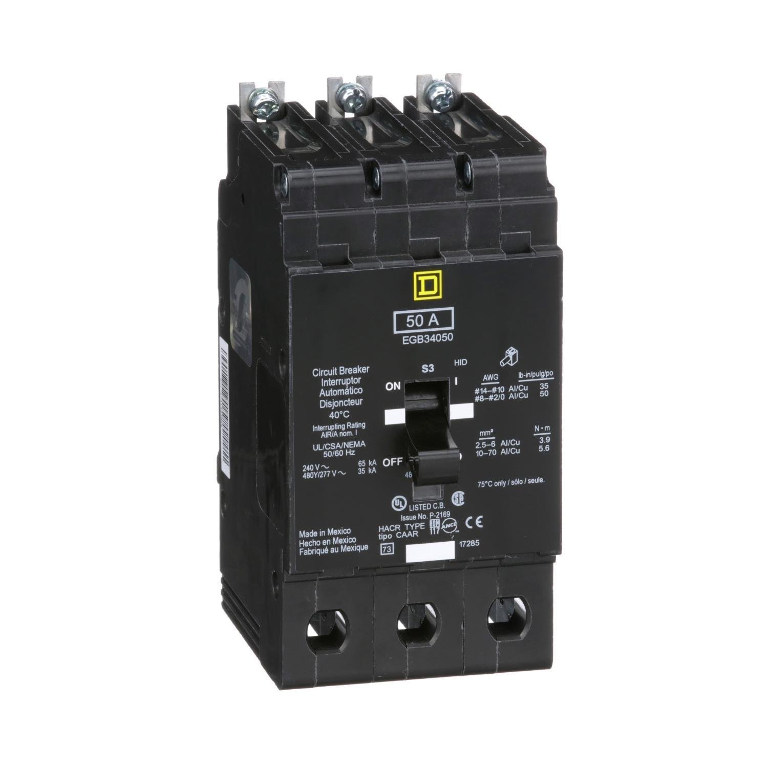 EGB34050 - [TAA] Mini circuit breaker, E-Frame, 50A, 3 pole, 480Y/277VAC, 65kA max, bolt on