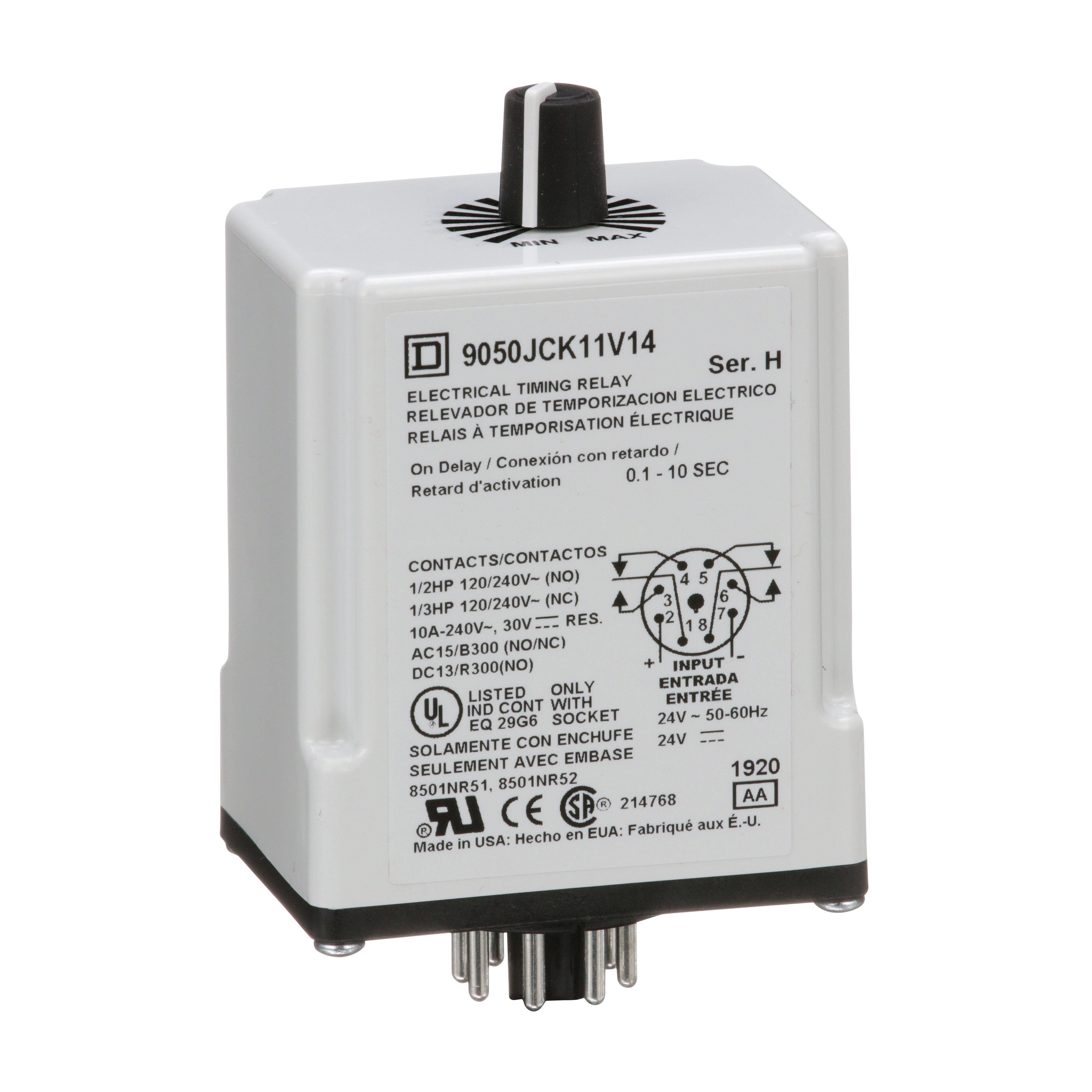 Picture of 9050JCK11V14 - Timing Relay, Type JCK, plug In, on delay, adjustable time, 0.1 to 10 seconds, 10A, 240 VAC, 24 VAC/DC