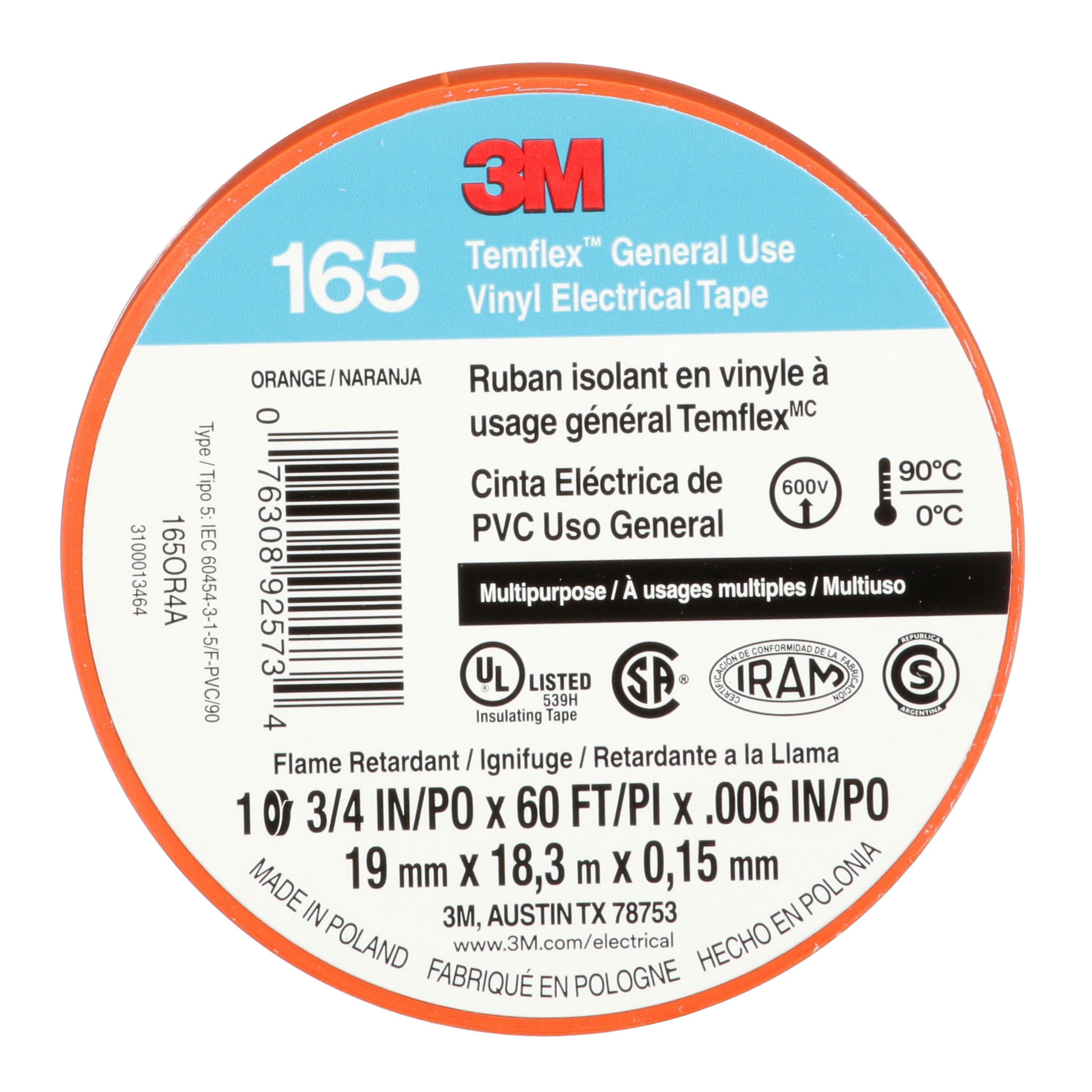 Picture of 7100169433 - 3M™ Temflex™ Vinyl Electrical Tape 165, Orange, 3/4 in x 60 ft (19 mm x 18 m), 6 mil, 100 Rolls/Case