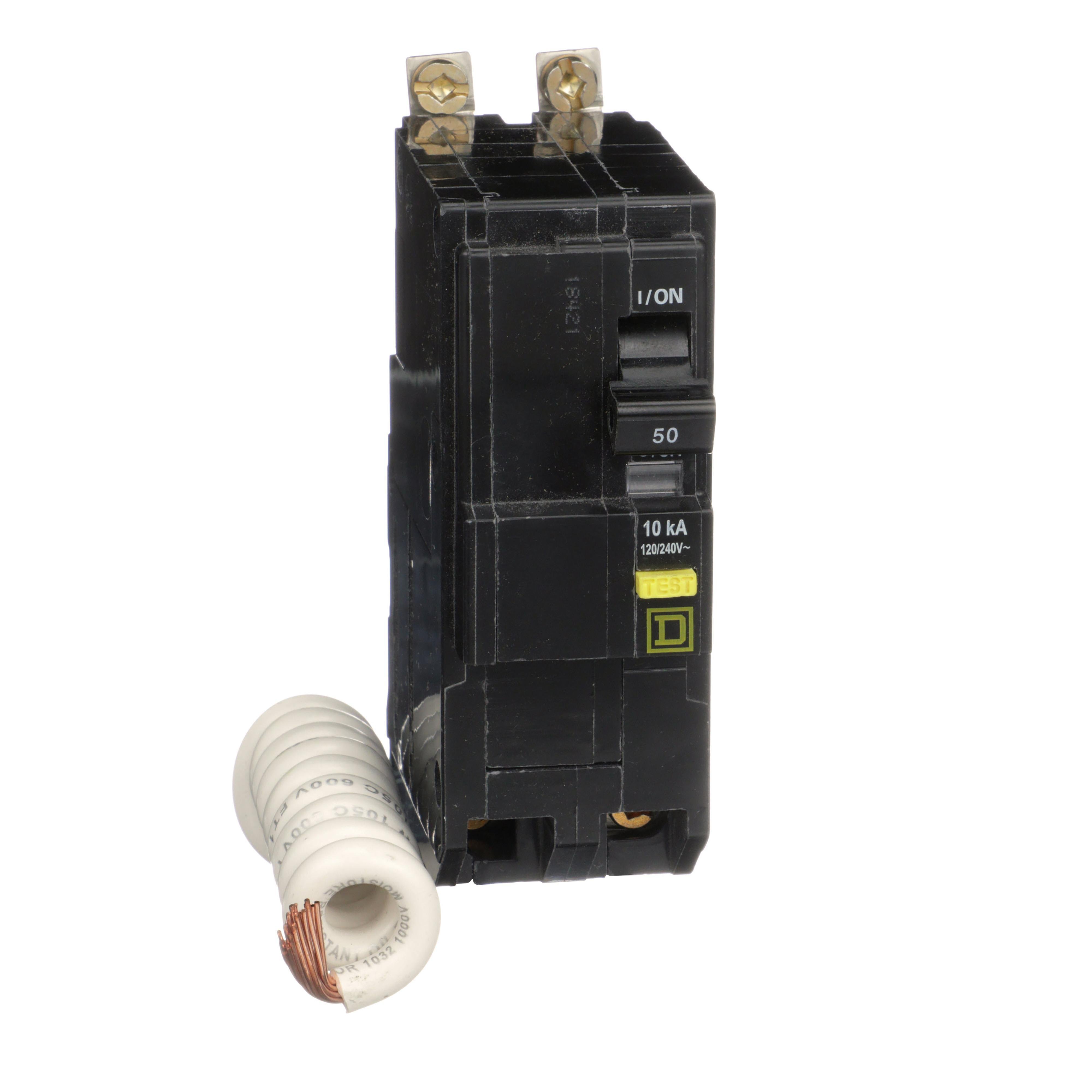 QOB250GFI - [TAA] Mini circuit breaker, QO, 50A, 2 pole, 120/240VAC, 10kA, bolt on, 6mA grd fault A, pigtail