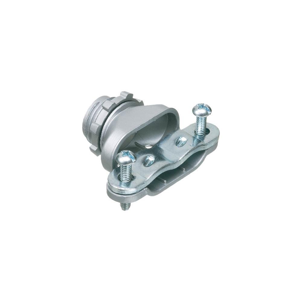 846SS - Zinc die-cast, single screw duplex connector with steel strap and is secured into a 1/2" knockout by a locknut. Concrete tight when taped.