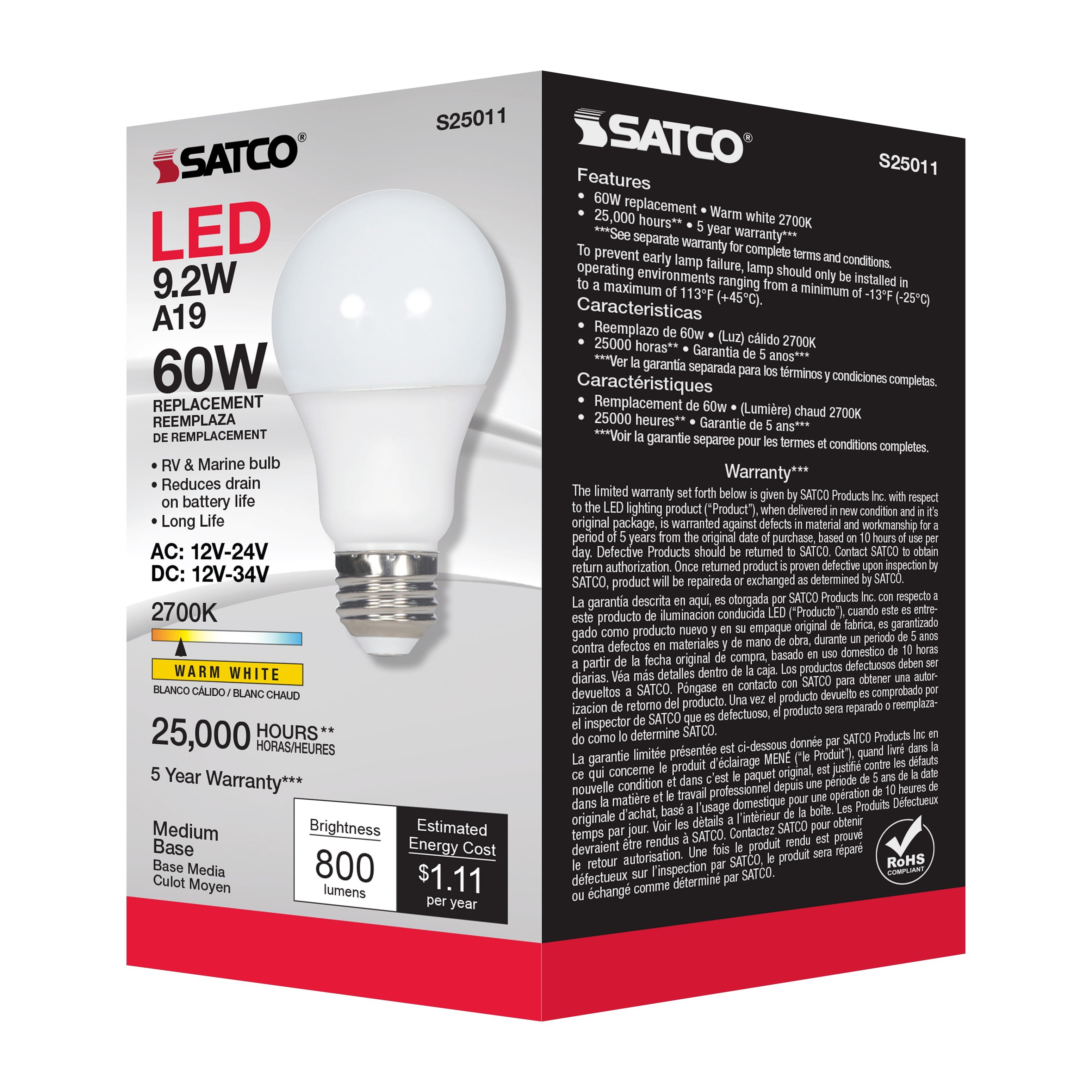 Picture of S25011 - 9.2 Watt A19 LED - 2700K - Medium base - 220 deg. Beam Angle - 12V-24VAC - 12V-34VDC