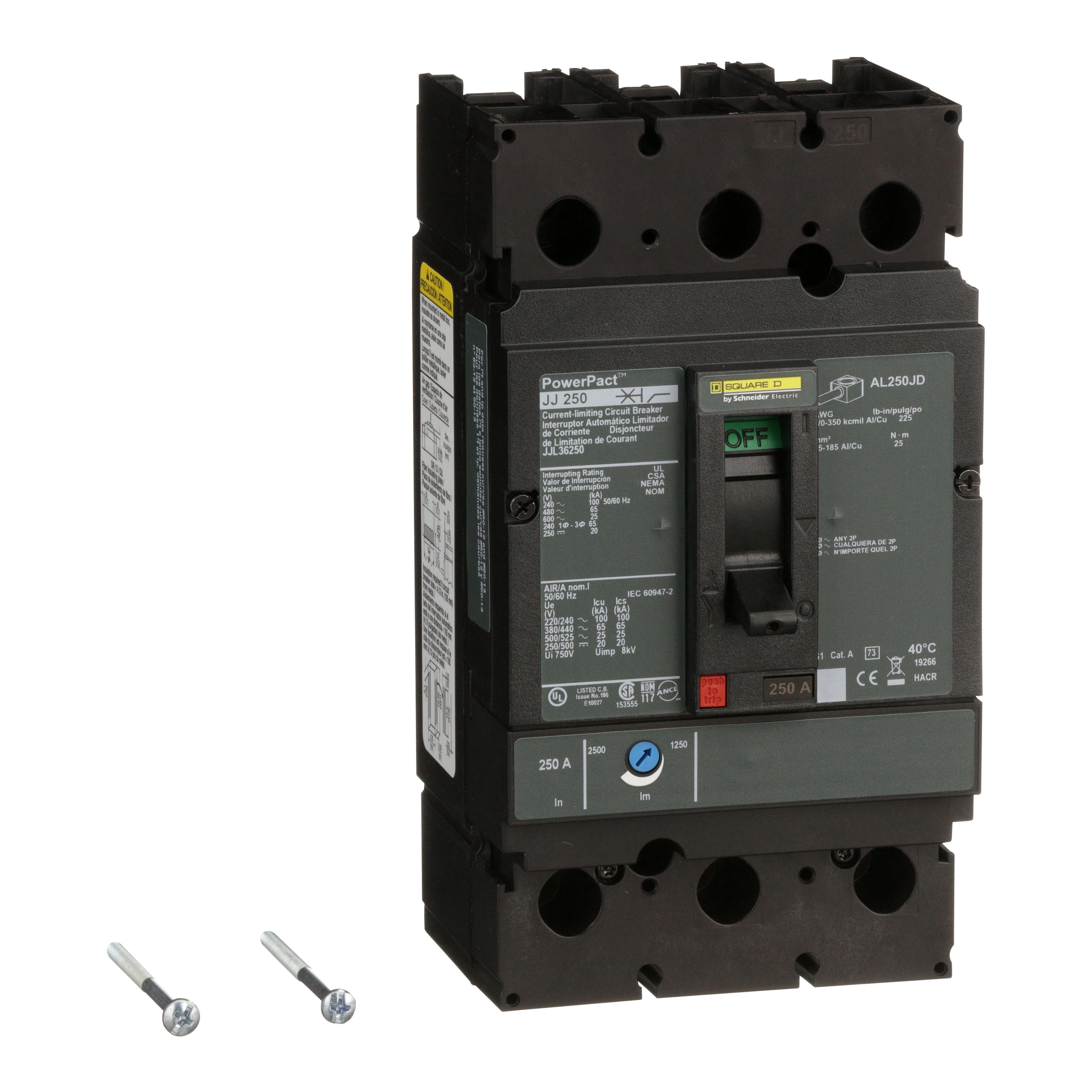 JJL36250 - Circuit breaker, PowerPacT J, 250A, 3 pole, 600VAC, 25kA, lugs, thermal magnetic, 80%