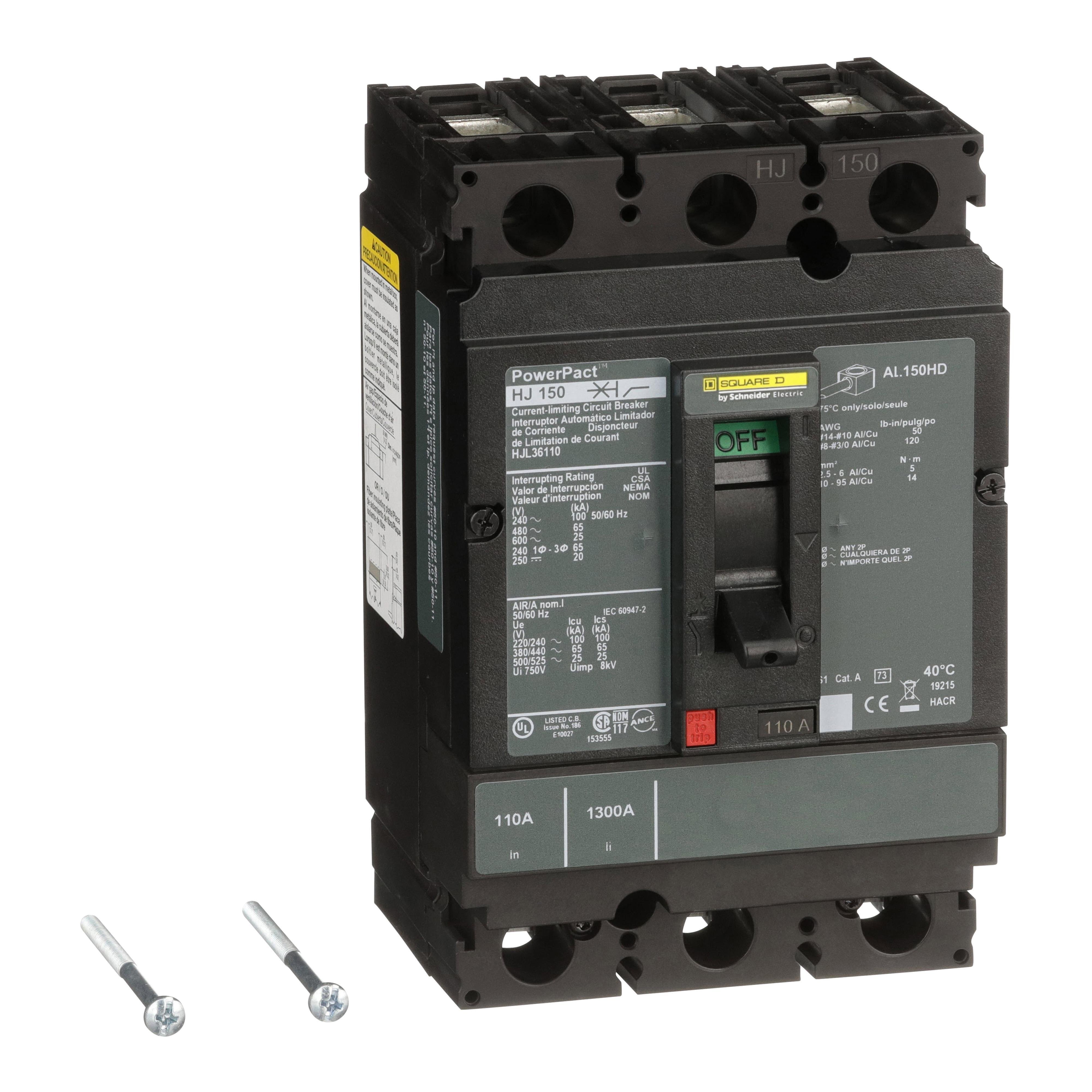 HJL36110 - Circuit breaker, PowerPacT H, 110A, 3 pole, 600VAC, 25kA, lugs, thermal magnetic, 80%