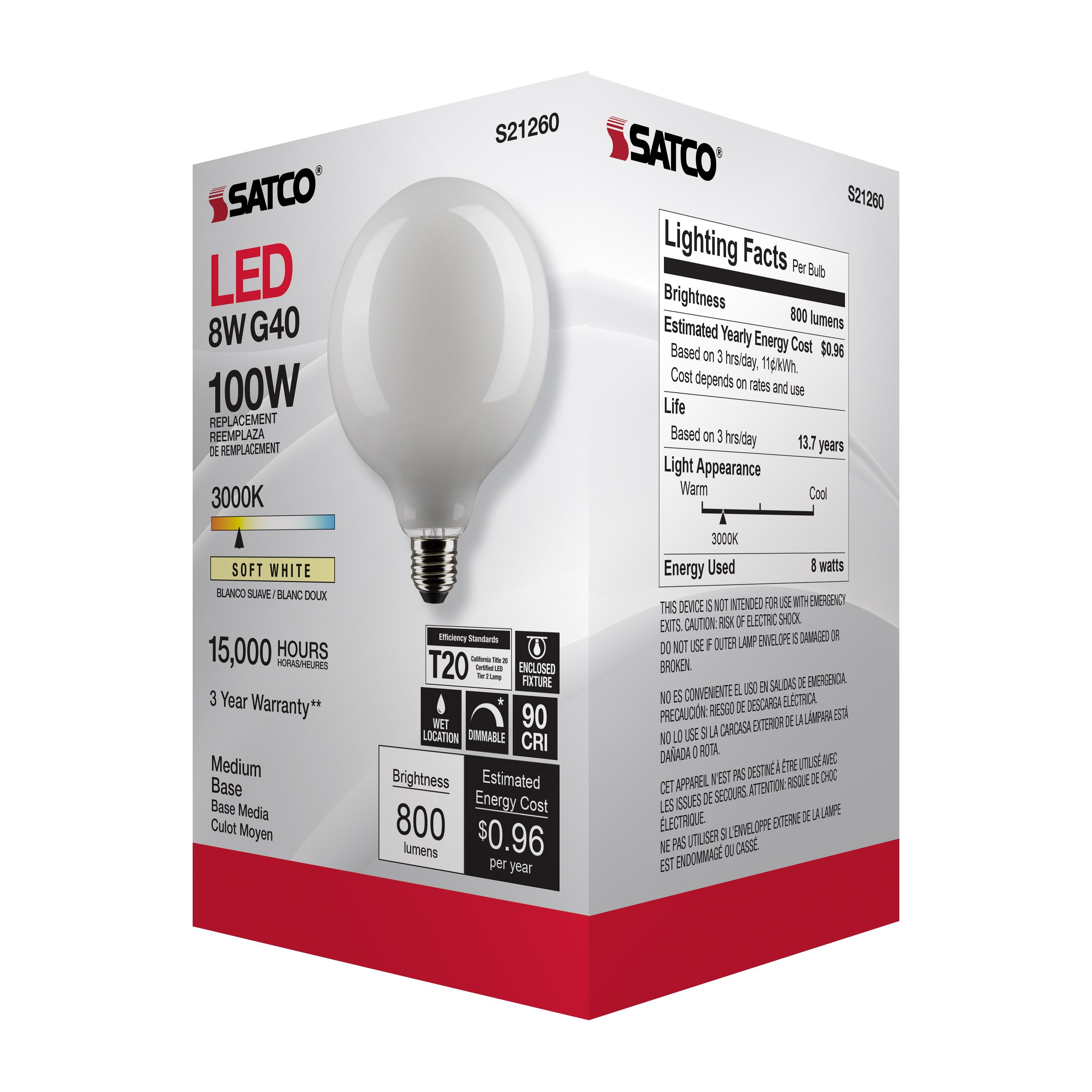 Picture of S21260 - 8 Watt G40 LED - White - Medium base - 90 CRI - 3000K - 120 Volt