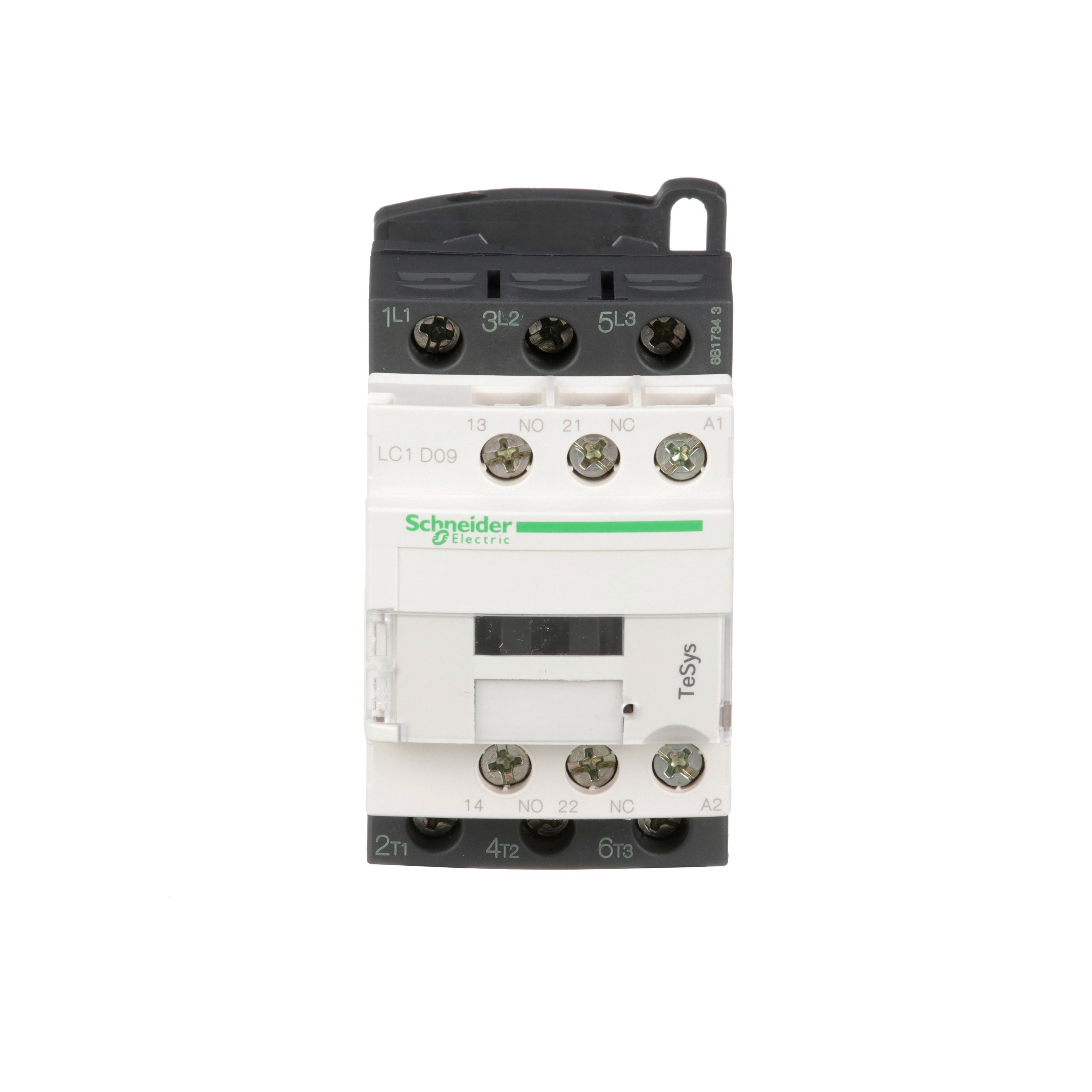 LC1D09B7 - IEC contactor, TeSys Deca, nonreversing, 9A, 5HP at 480VAC, up to 100kA SCCR, 3 phase, 3 NO, 24VAC 50/60Hz coil, open style