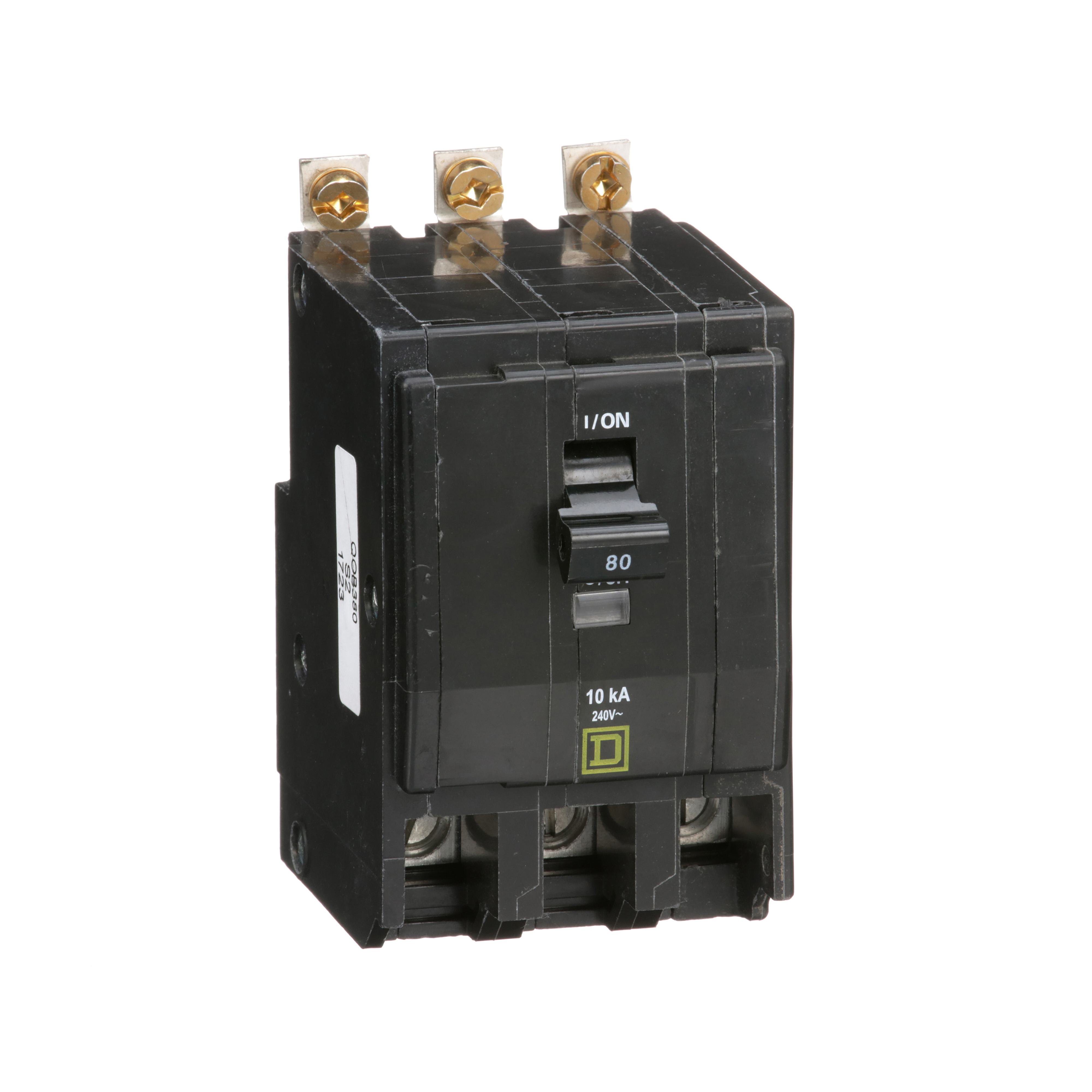 QOB380 - Mini circuit breaker, QO, 80A, 3 pole, 120/240VAC, 10kA, bolt on