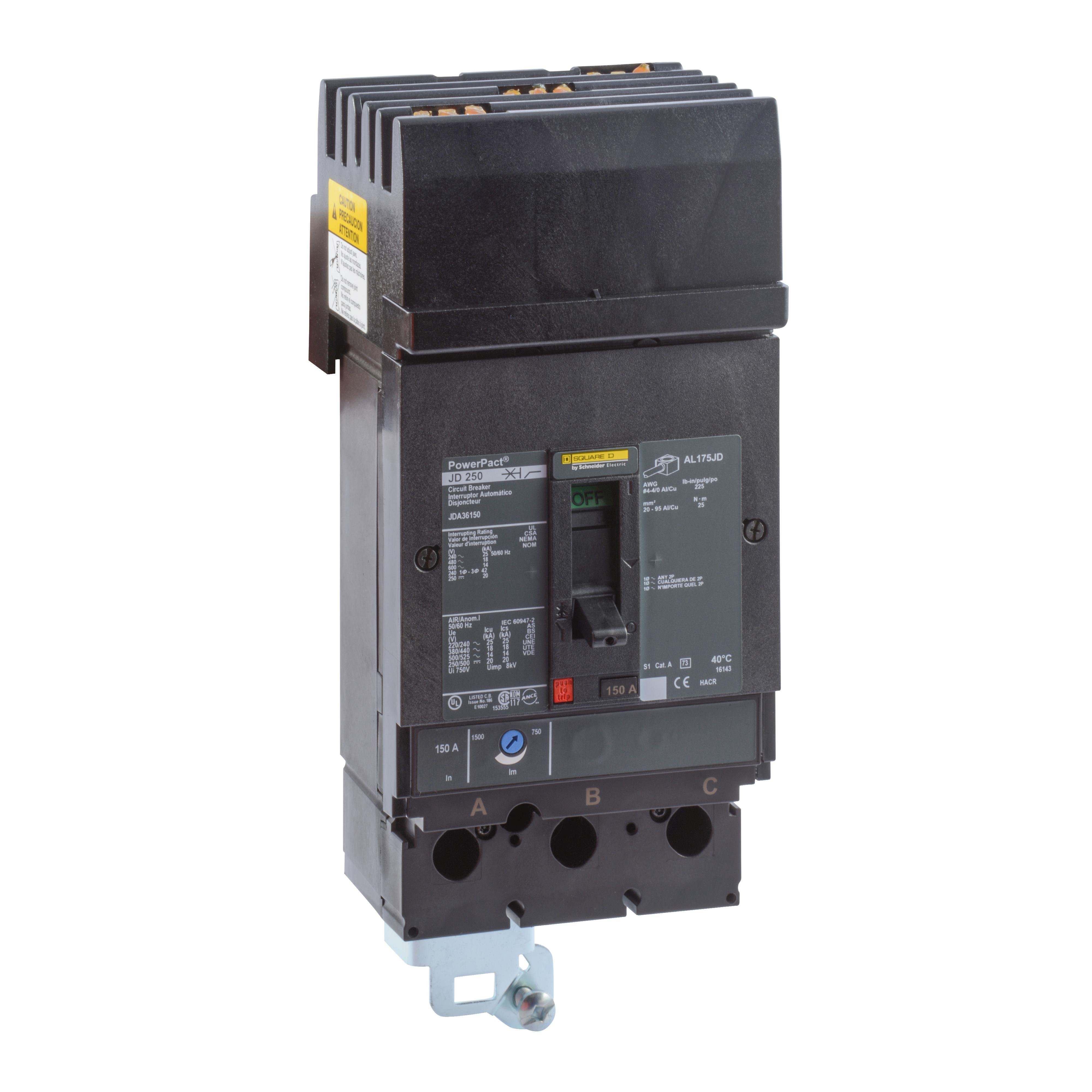 JDA36150 - Circuit breaker, PowerPacT J, 150A, 3 pole, 600VAC, 14kA, I-Line, thermal magnetic, 80%, ABC