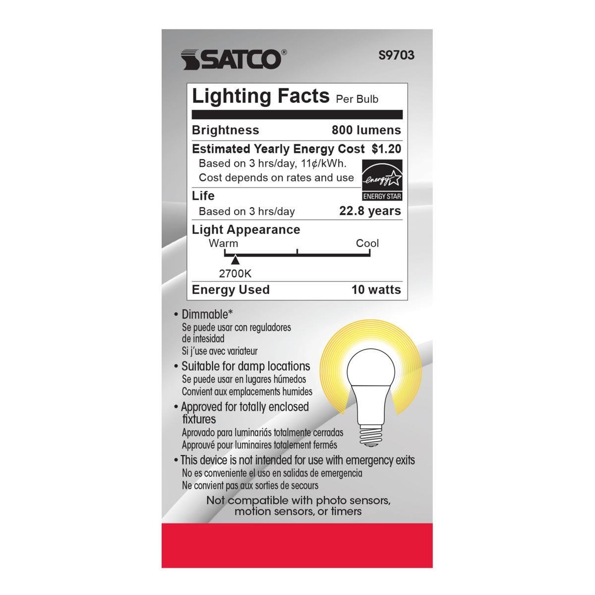 Picture of S9703 - 10 Watt - A19 LED - 2700K - Medium base - 220 deg. Beam Angle - 90CRI - 120 Volt