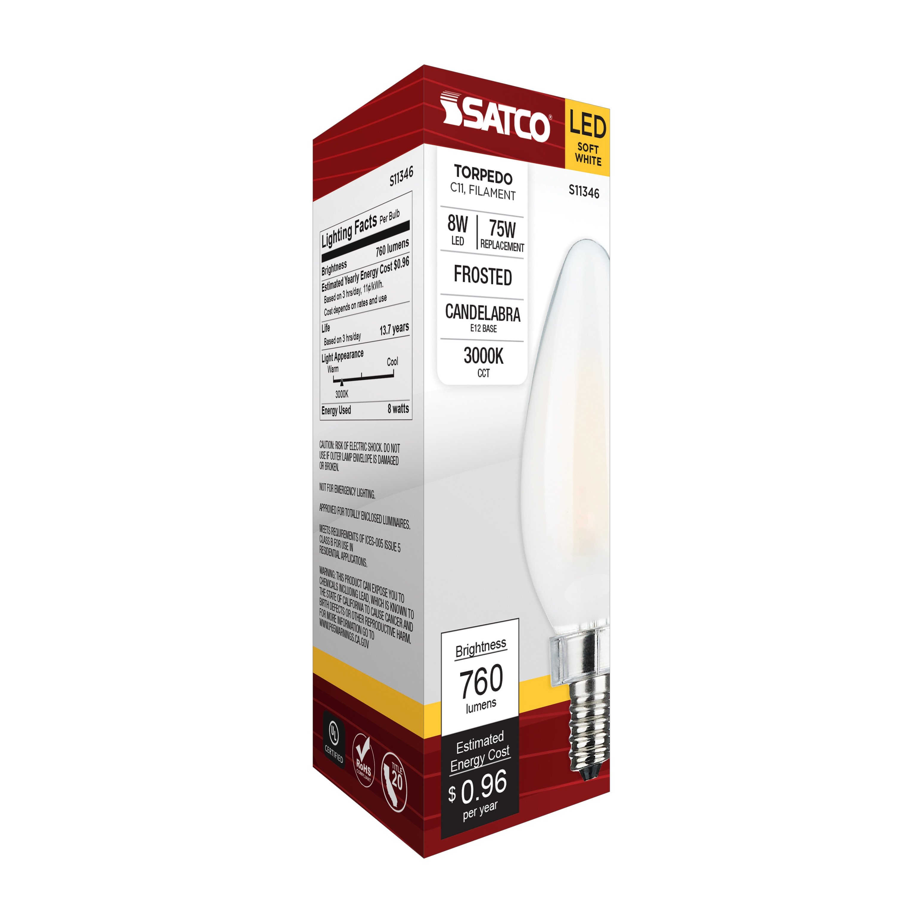 Picture of S11346 - 8 Watt C11 LED - Frosted Finish - Candelabra Base - 3000K - 90 CRI - 800 Lumens - 120 Volt