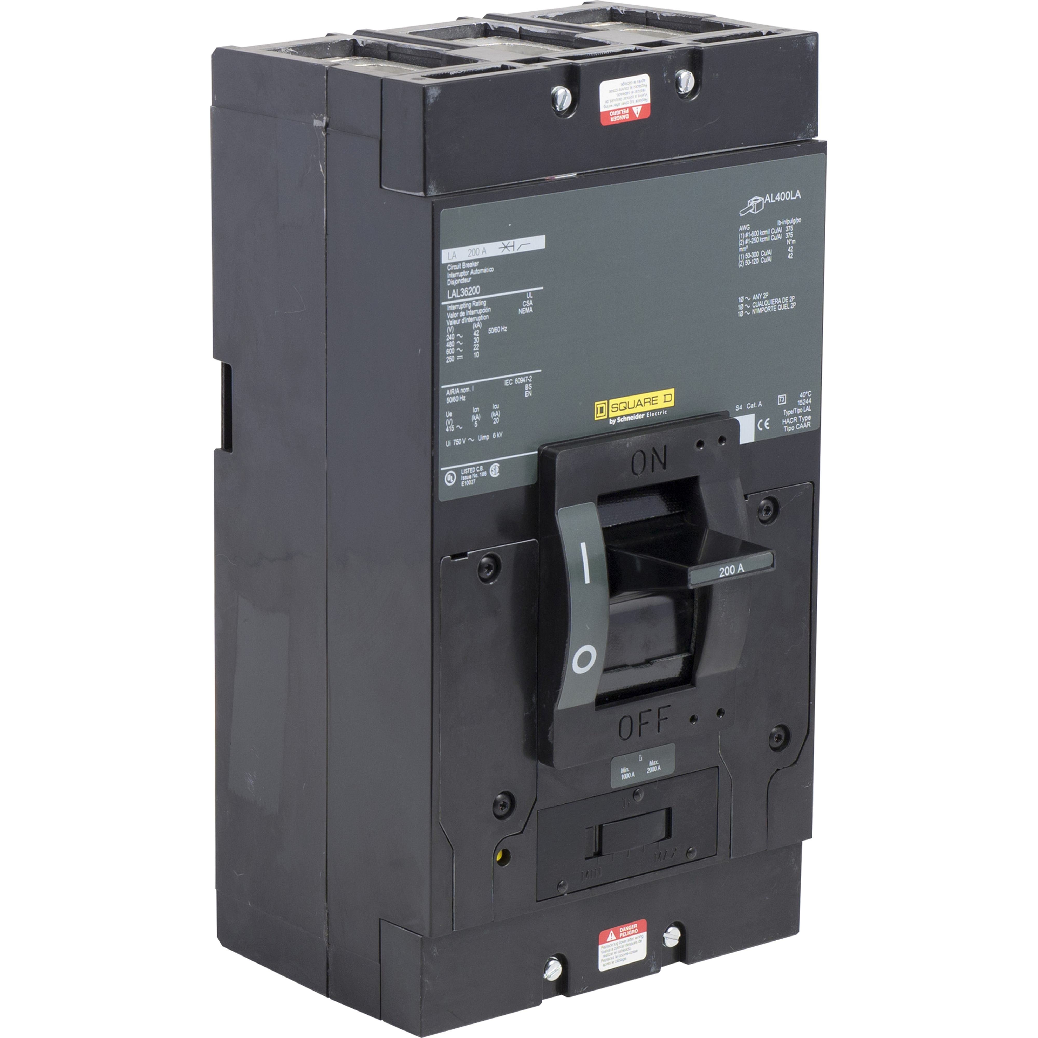 LAL26200MB - Circuit breaker, LA, 200A, 2 pole, 600VAC, 22kA, 250VDC, 10kA, lugs, thermal magnetic, short handle