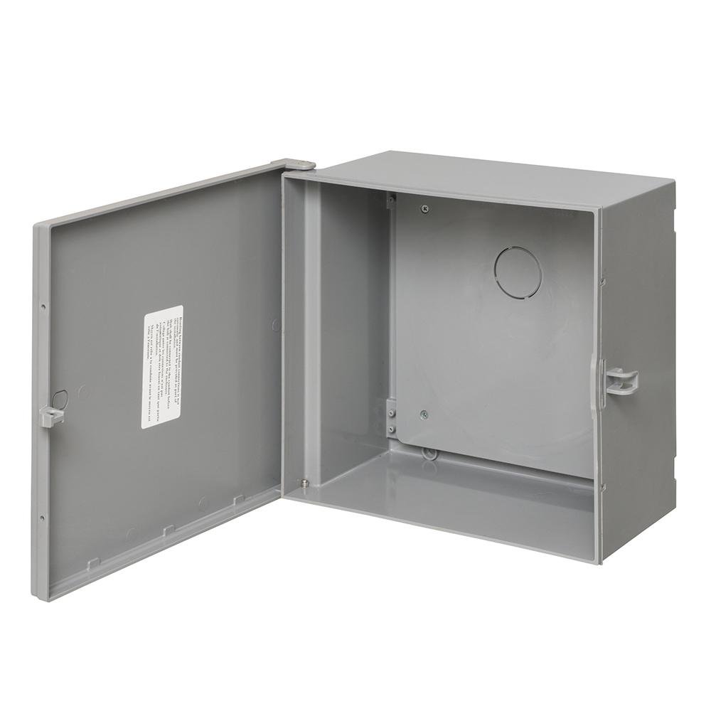 EB12126BP - NEMA 3R rated, outdoor rated non-metallic enclosure. The included back plate allows for components to be mounted even after the enclosure is mounted. Gray, 12" x 12" x 6".