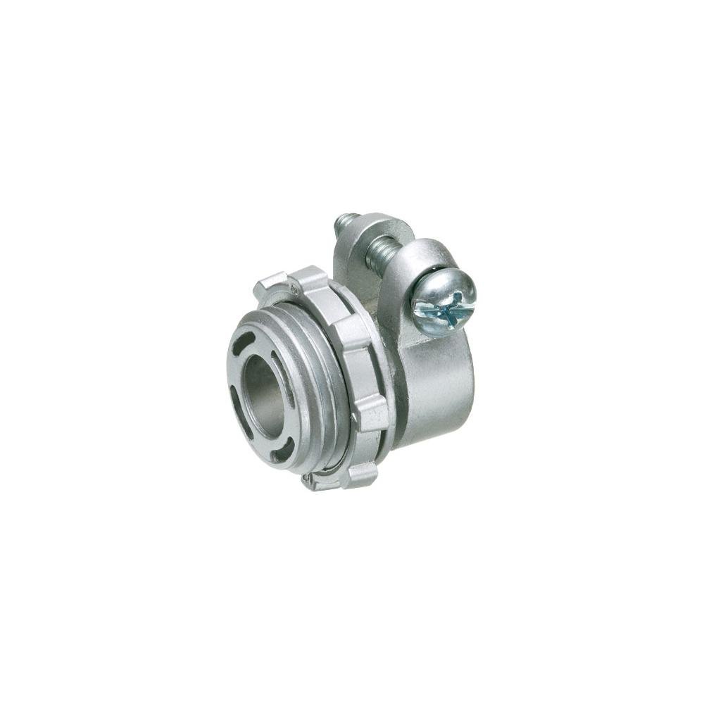 L42 - Zinc die-cast, Single screw, 1/2" knockout squeeze connector with round end stop. For Flex, AC, MCI cable. Concrete tight when taped. End stop diameter: .400