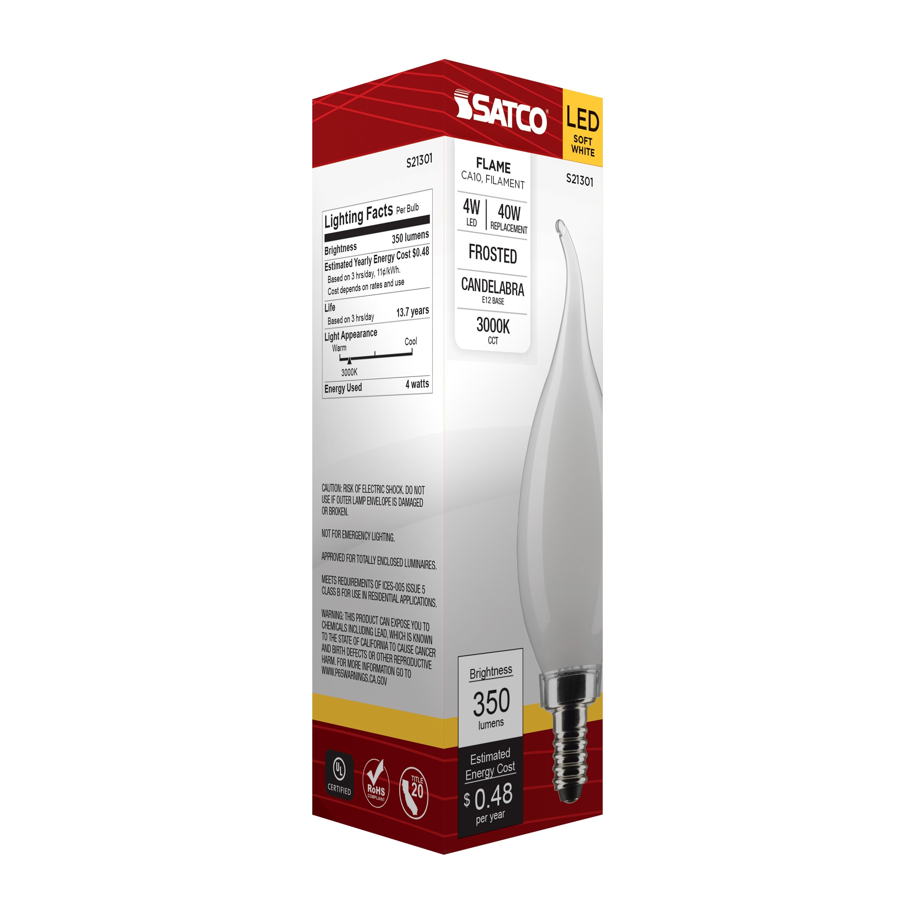 Picture of S21301 - 4 Watt CA10 LED - Frost - Candelabra base - 90 CRI - 3000K - 120 Volt