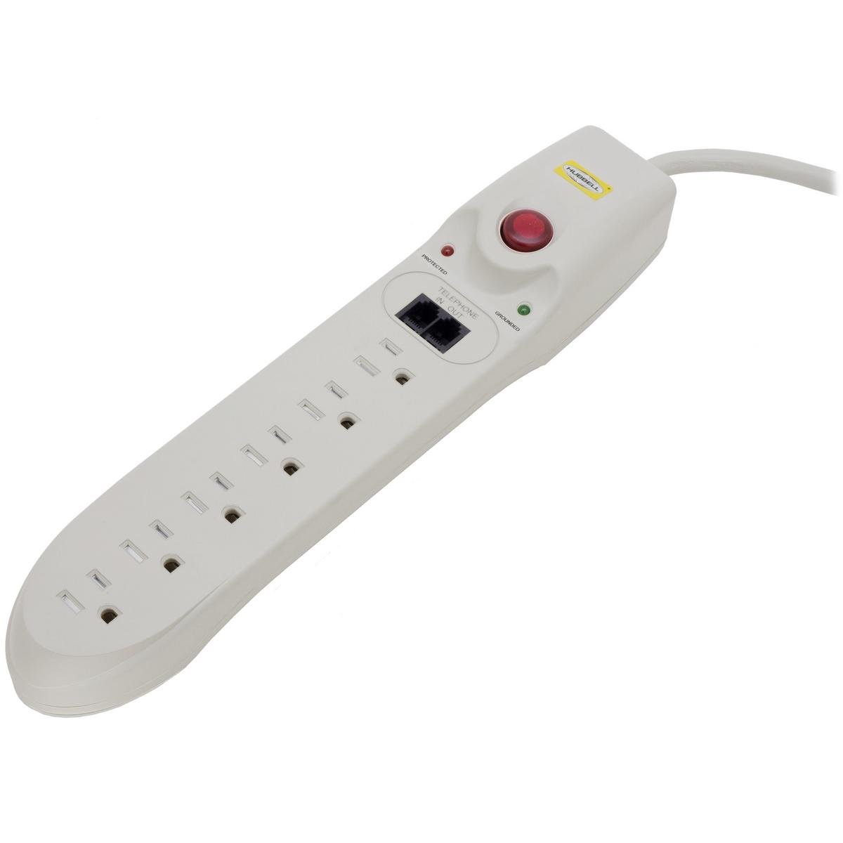 HBL6PS1050MA - Surge Protective Devices, SPIKESHIELD TVSS Plug Strips, 15A 125V, 6 Outlet with Telephone/Fax, 6' Cord, Office White