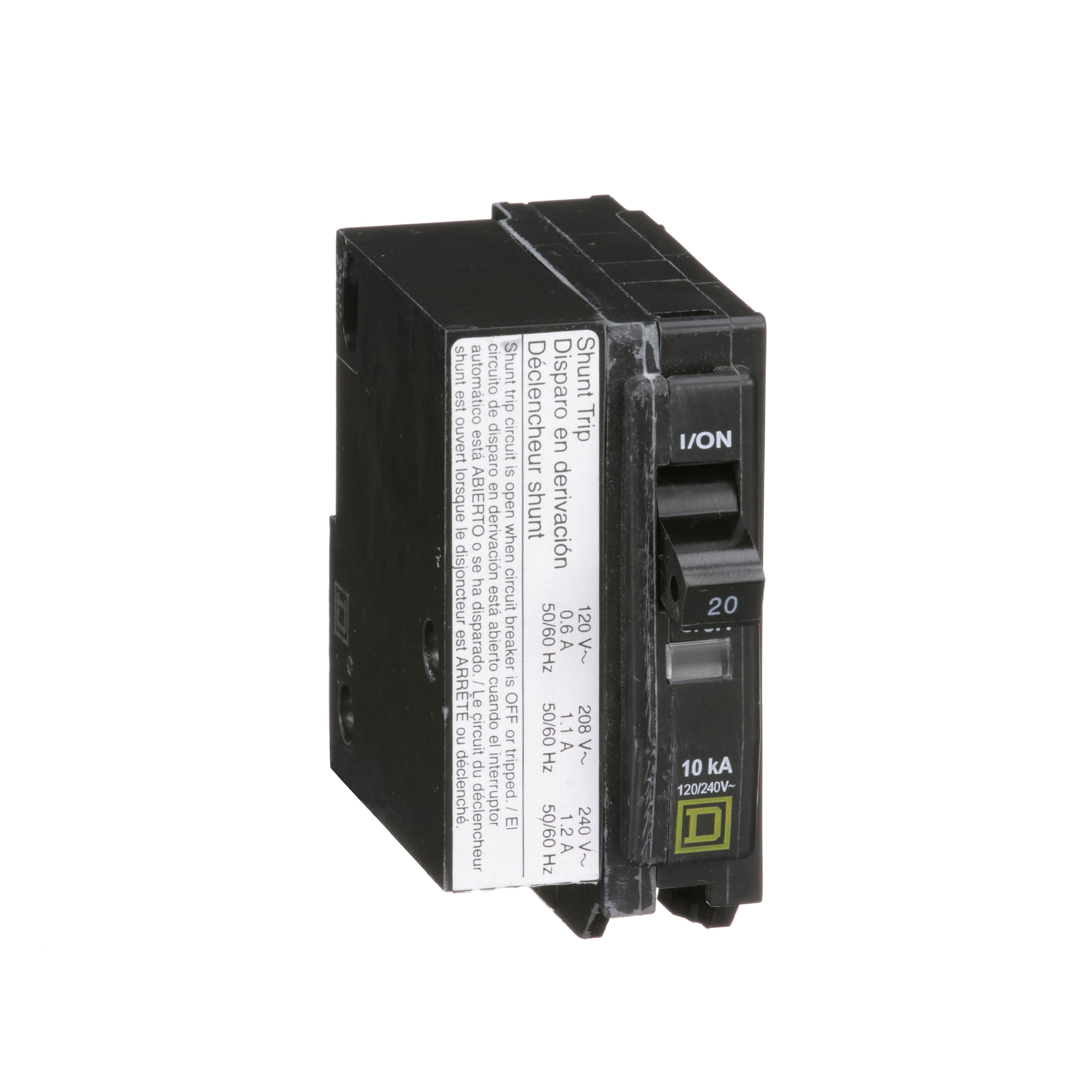 QO1201021 - Mini circuit breaker, QO, 20A, 1 pole, 120/240VAC, 10kA, plug in, AC shunt