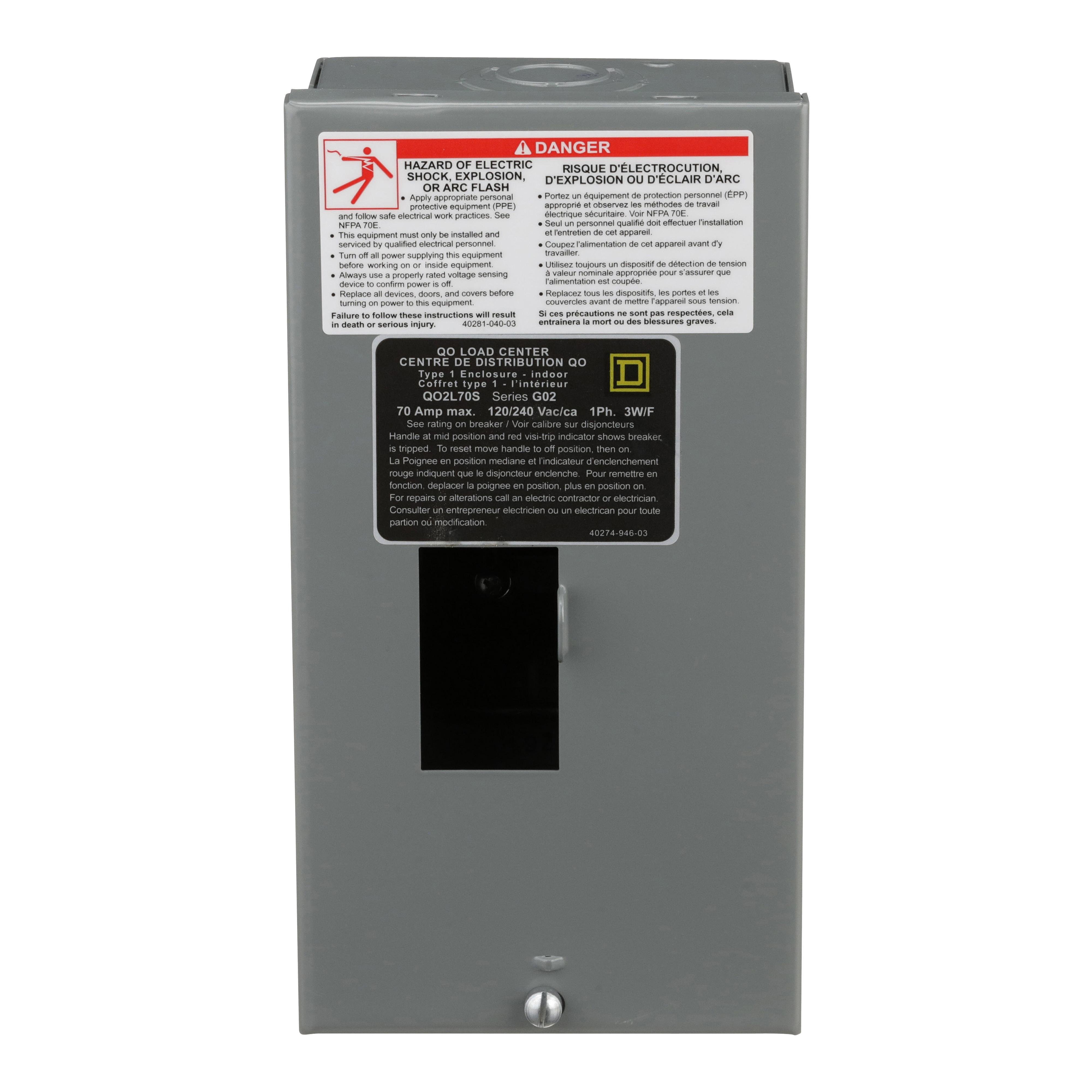 QO2L70S - Load center, QO, 1 phase, 2 spaces, 2 circuits, 70A fixed main lugs, NEMA1, surface cover