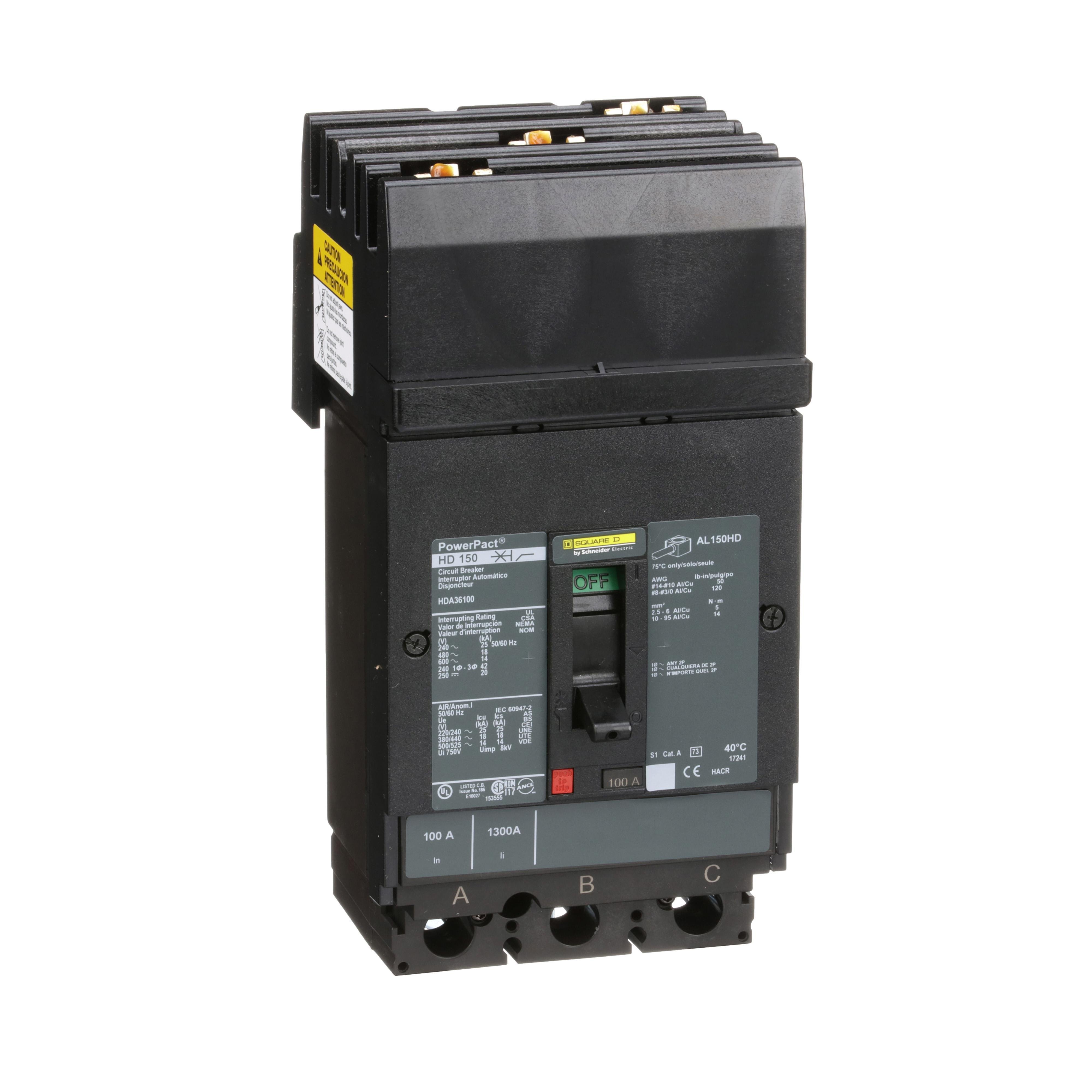 HDA36100 - Circuit breaker, PowerPacT H, 100A, 3 pole, 600VAC, 14kA, I-Line, thermal magnetic, 80%, ABC