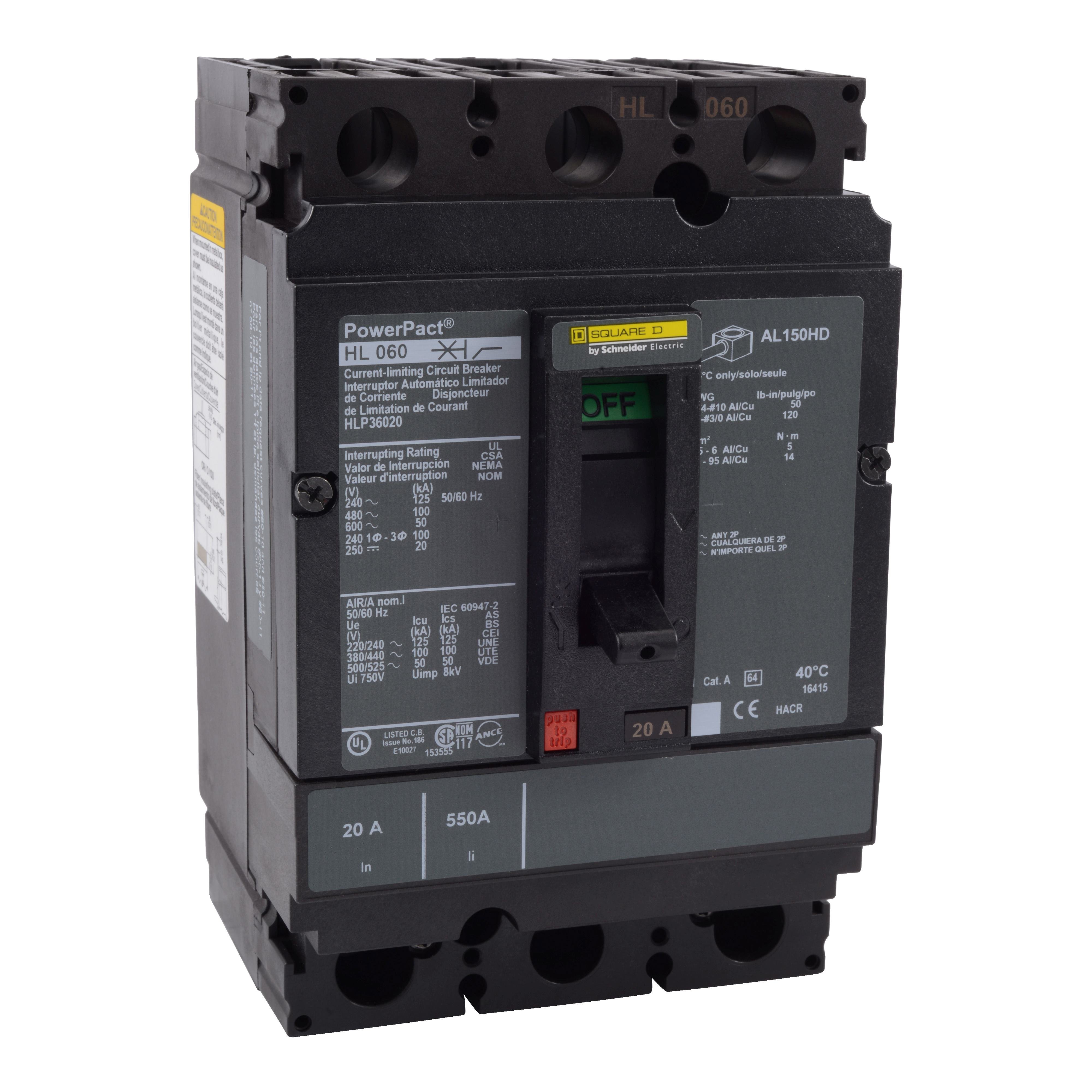 HLP36100 - Circuit breaker, PowerPacT H, 100A, 3 pole, 600VAC, 50kA, lugs, thermal magnetic, 80%