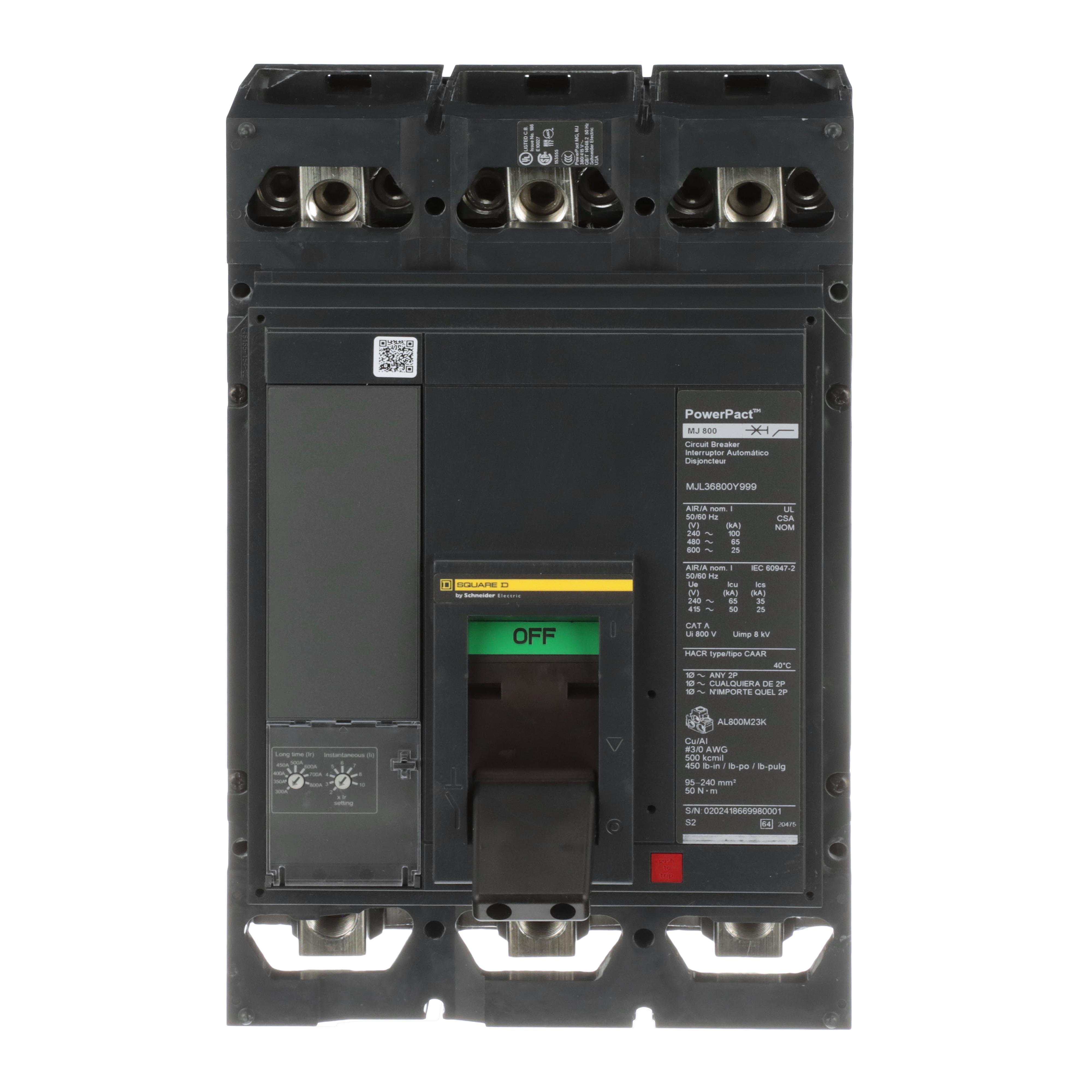 MGL36800E10 - Circuit breaker, PowerPacT M, 300A to 800A, 3 pole, 600VAC, 18kA, lugs, adjustable trip, 80%