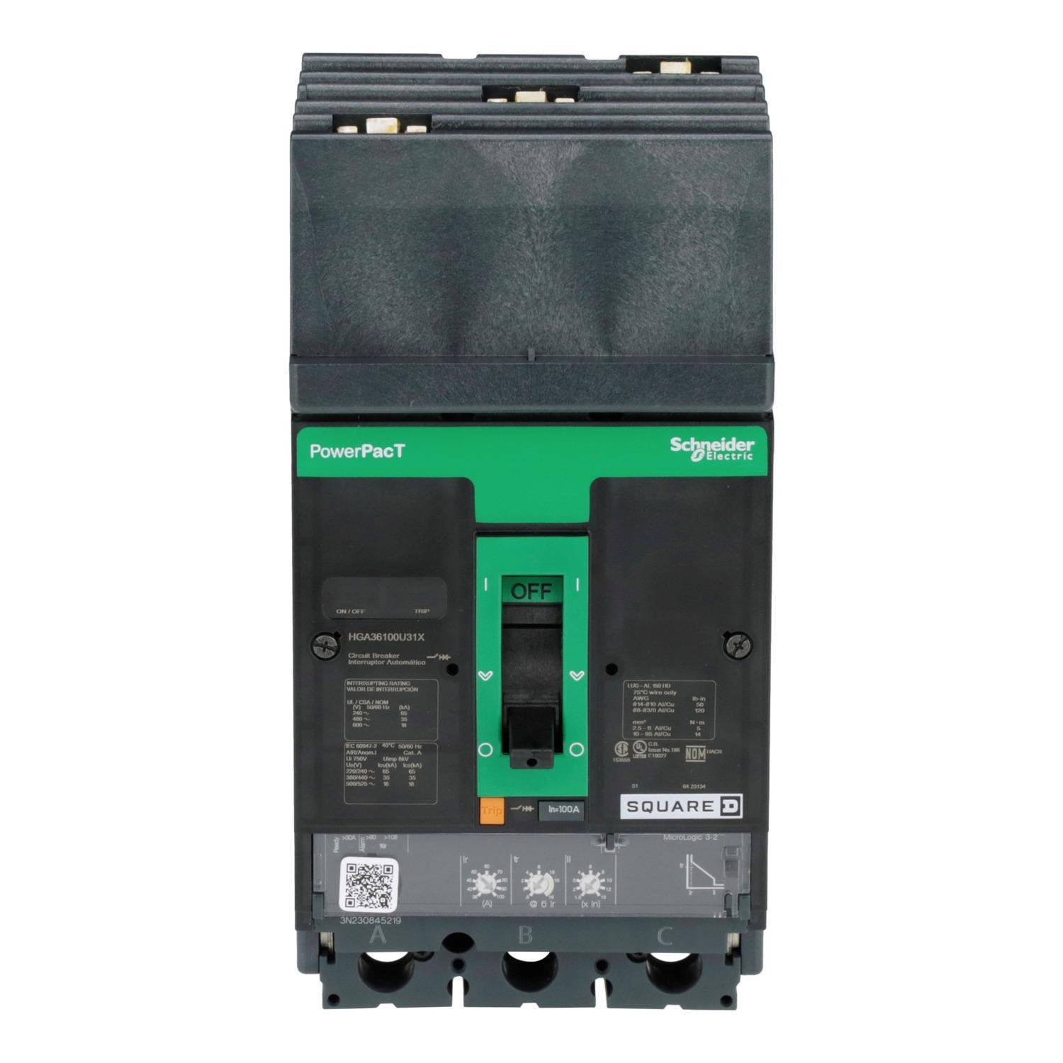 HGA36100U31X - Circuit breaker, PowerPacT H, 100A, 3 pole, 600VAC, 18kA, I-Line, Micrologic 3.2, 80%, ABC