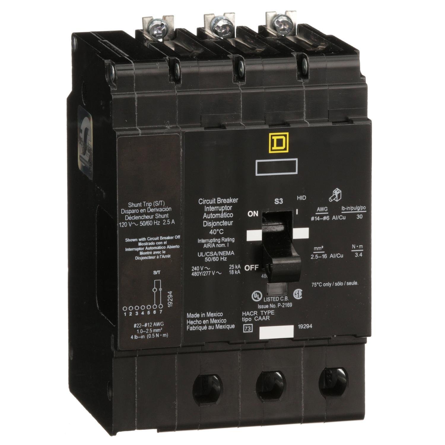Picture of EDB34060SA - Mini circuit breaker, E-Frame, 60A, 3 pole, 480Y/277VAC, 25kA max, bolt on, shunt trip