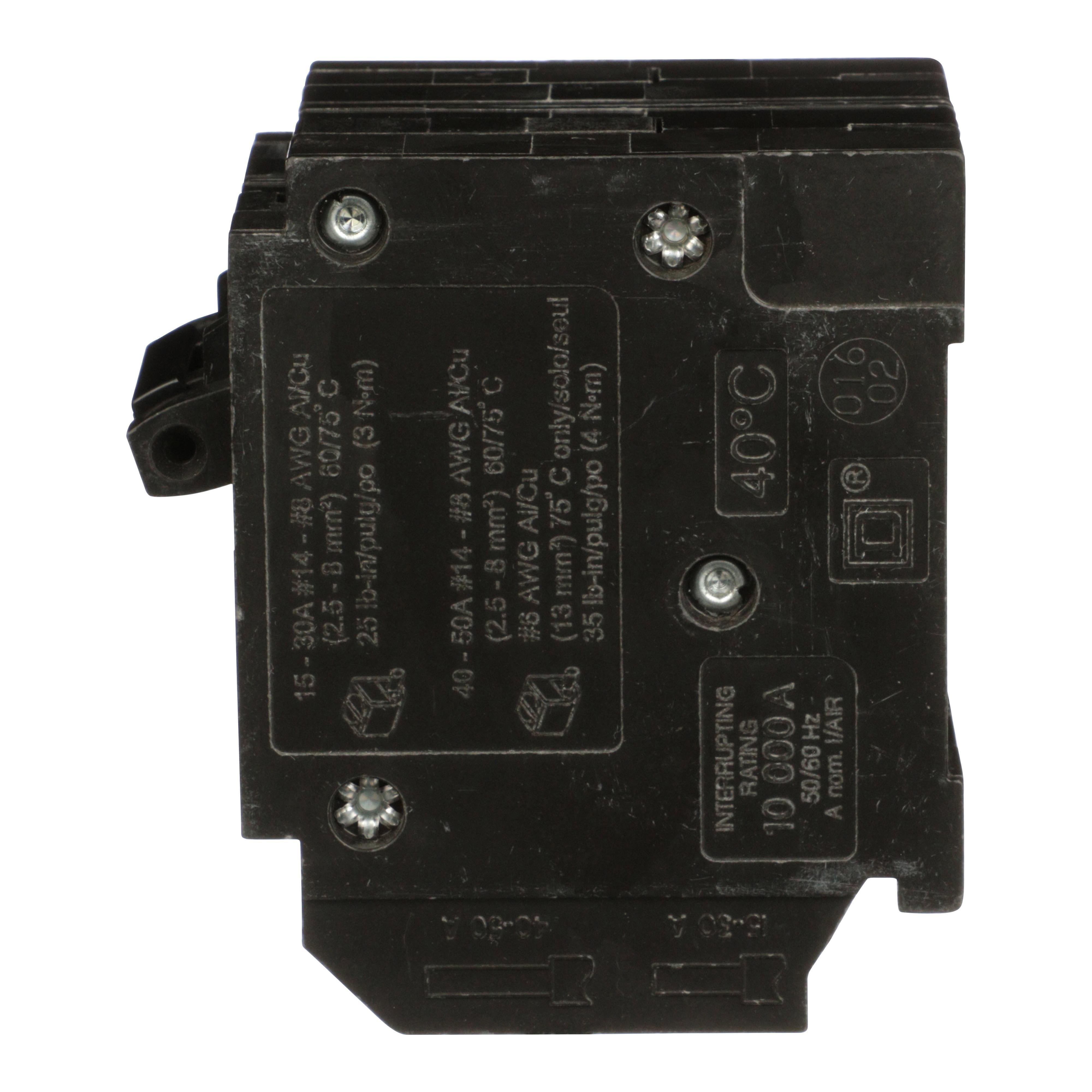 Picture of HOMT1515250 - Tandem circuit breaker, Homeline, 2 x 1 pole at 15A, 1 x 2 pole at 50A, 120/240VAC, 10kA AIR, plug in, UL
