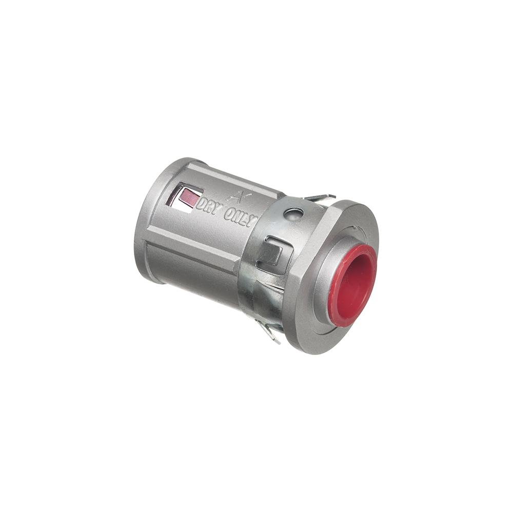 40RAST - Zinc die-cast, 1/2" Knockout MC cable connector snaps quickly on to the conduit with an internal spring steel clip and then snaps into knockout with external spring steel clip, no tools required. Concrete tight when taped. Red tinted internal cli