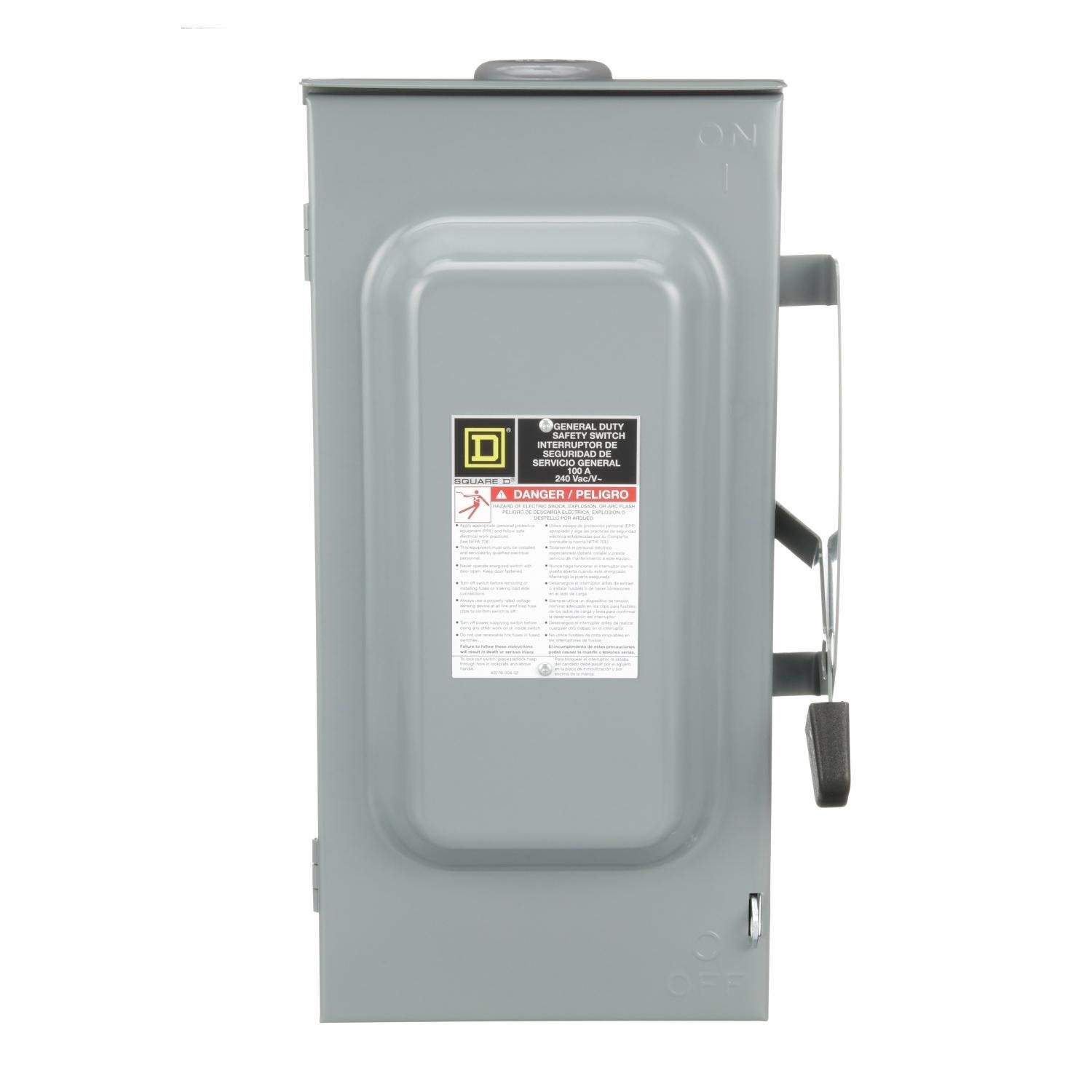 D323NRB - Safety switch, general duty, fusible, 100A, 3 pole, 30hp, 240VAC, NEMA 3R, 4 wire, 1 neutral, bolt on hub provision